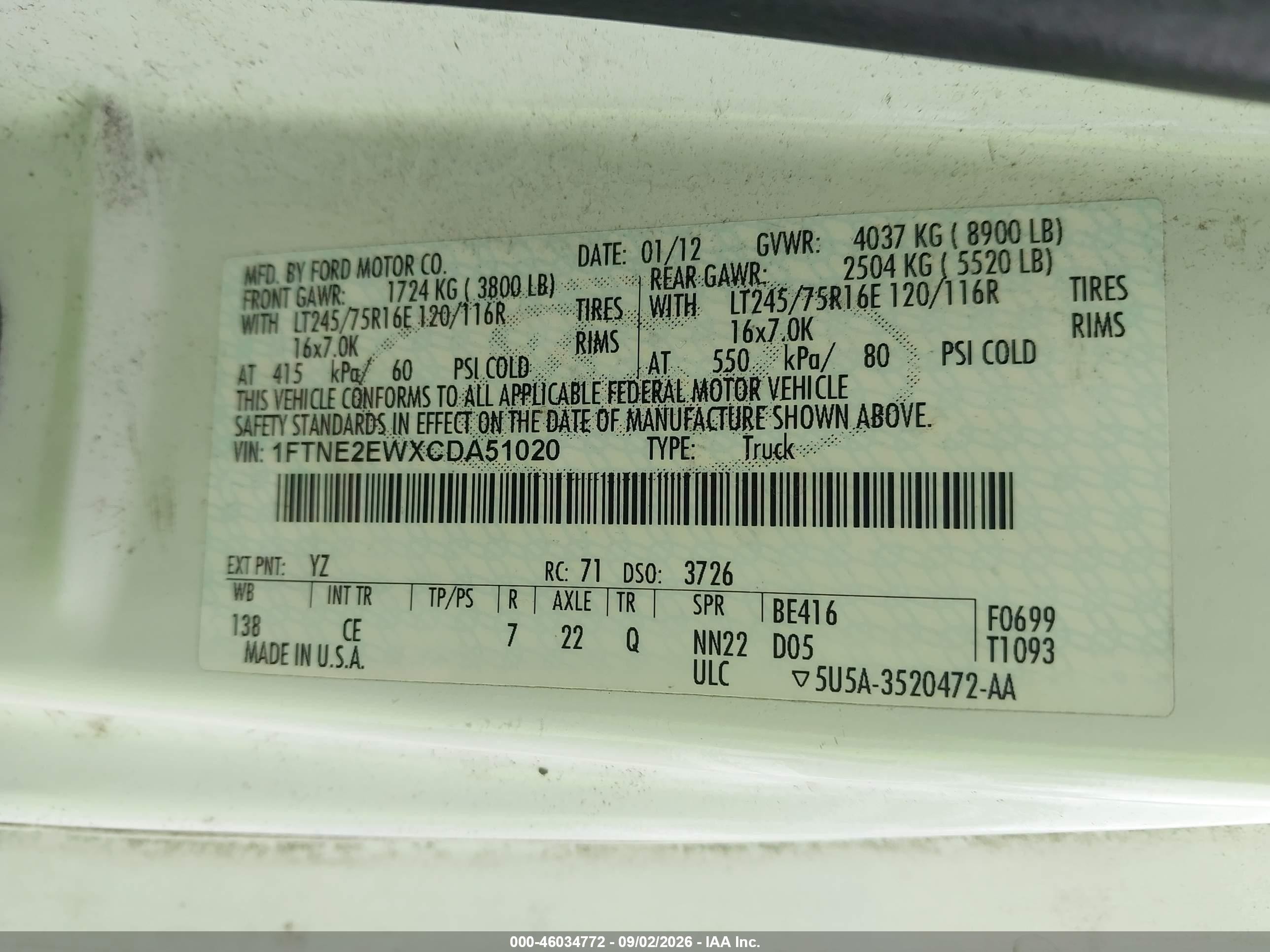 2012 Ford E-250 Commercial Белый vin: 1FTNE2EWXCDA51020