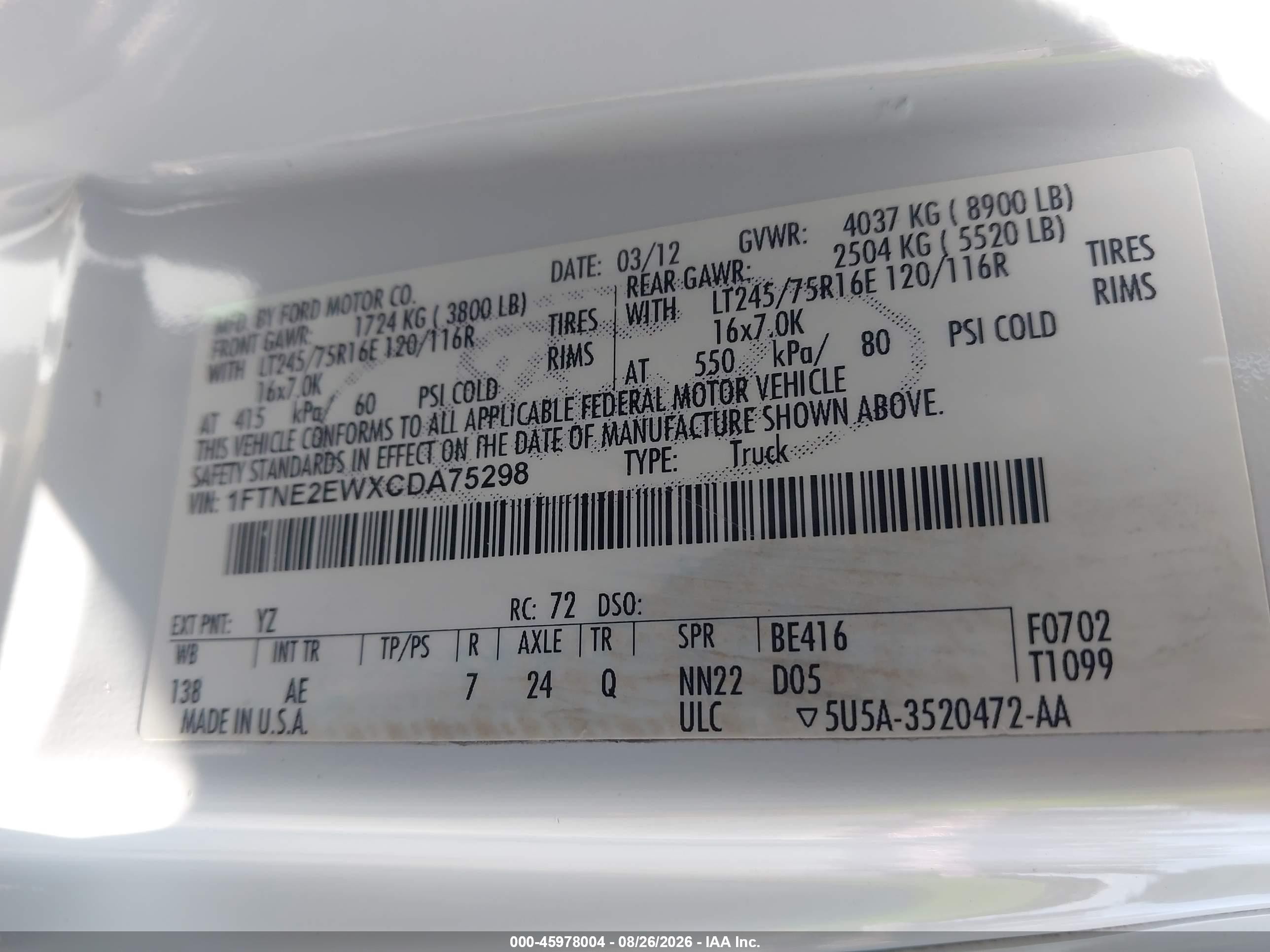 2012 Ford E-250 Commercial Белый vin: 1FTNE2EWXCDA75298