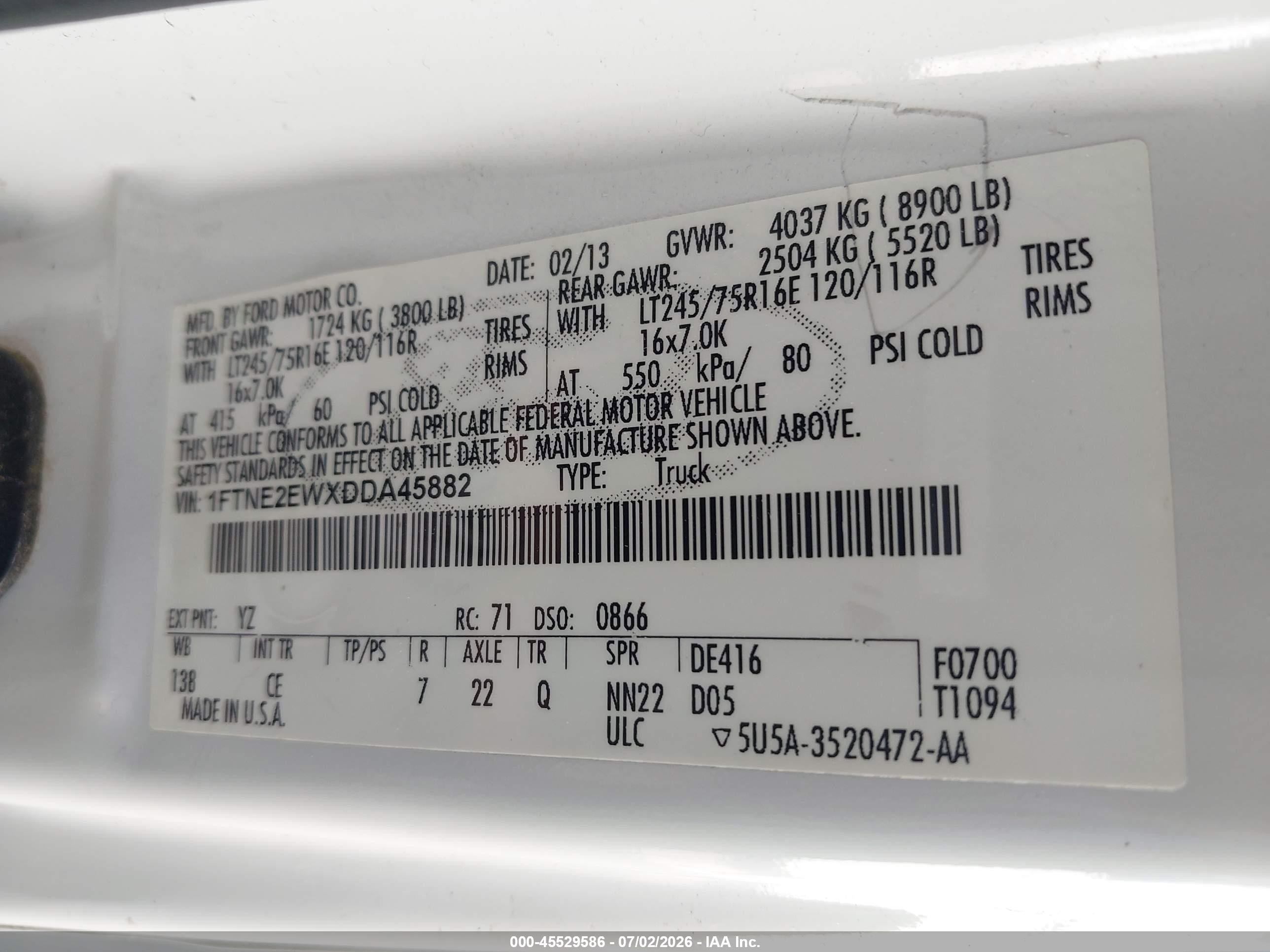 2013 Ford E-250 Commercial/recreational White vin: 1FTNE2EWXDDA45882