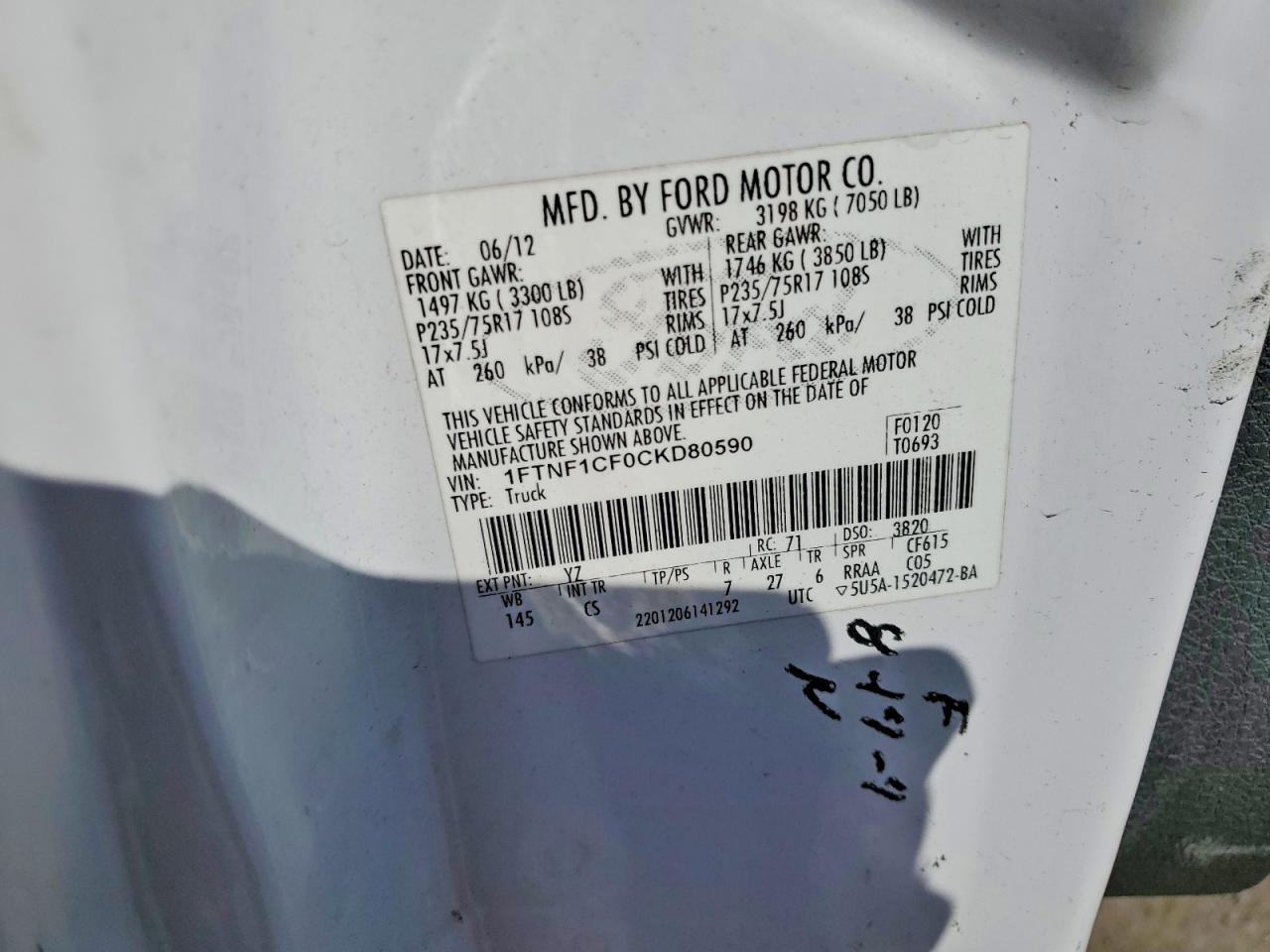 2012 Ford F150 White vin: 1FTNF1CF0CKD80590