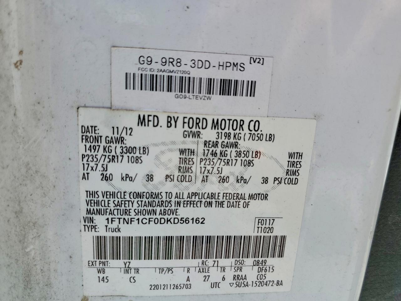 2013 Ford F150 White vin: 1FTNF1CF0DKD56162