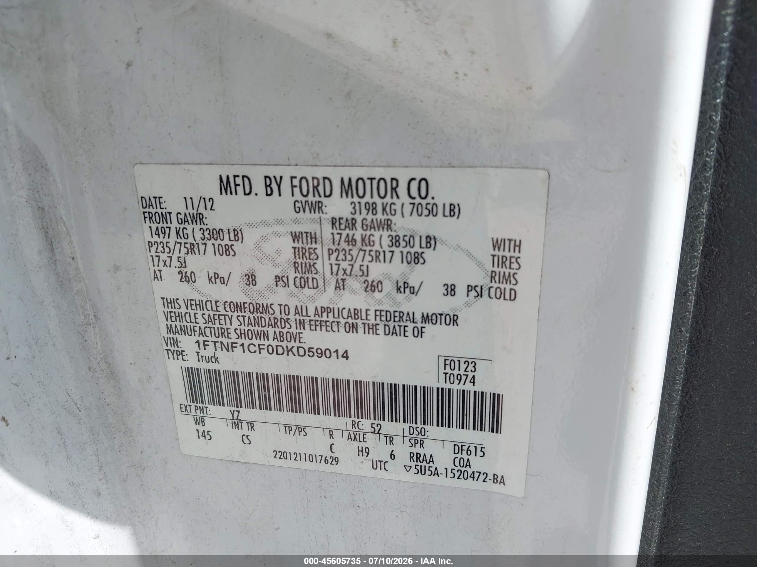 2013 Ford F-150 Xl White vin: 1FTNF1CF0DKD59014