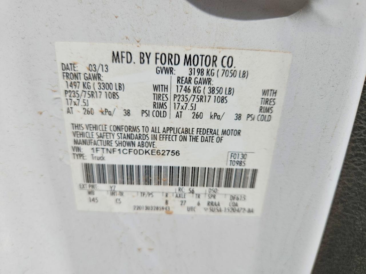2013 Ford F150 White vin: 1FTNF1CF0DKE62756