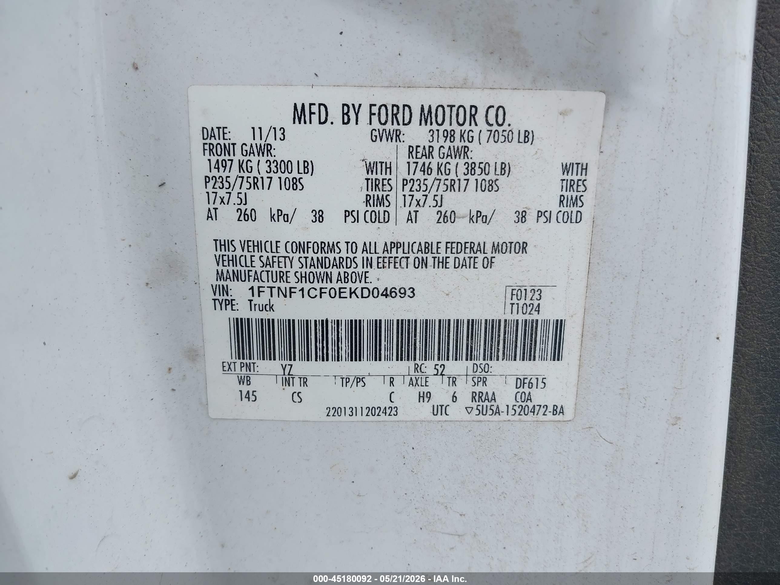 2014 Ford F-150 Xl White vin: 1FTNF1CF0EKD04693