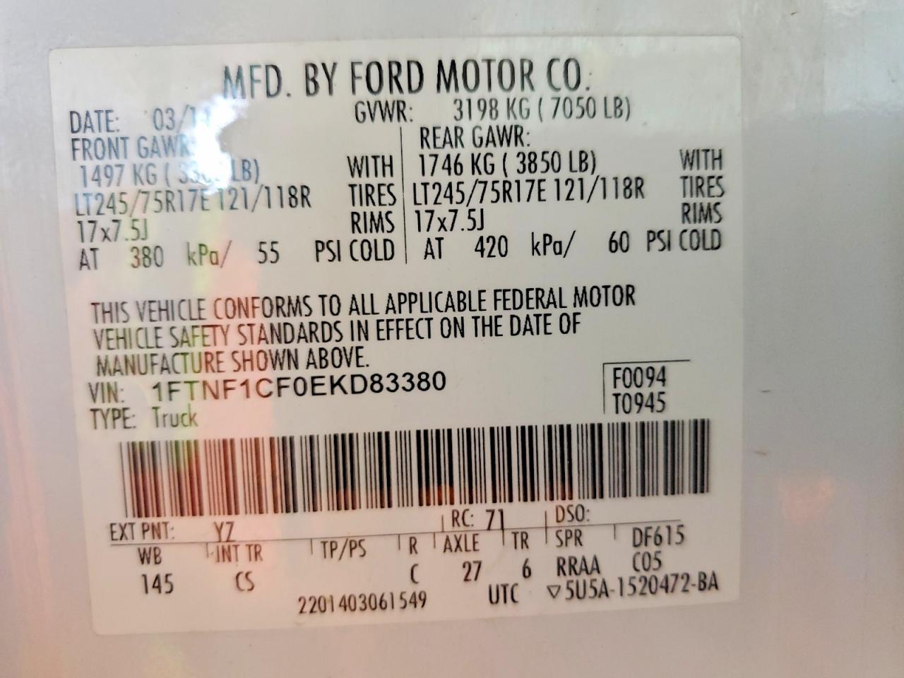 2014 Ford F150 White vin: 1FTNF1CF0EKD83380