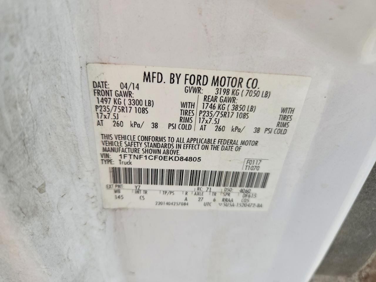 2014 Ford F150 White vin: 1FTNF1CF0EKD84805