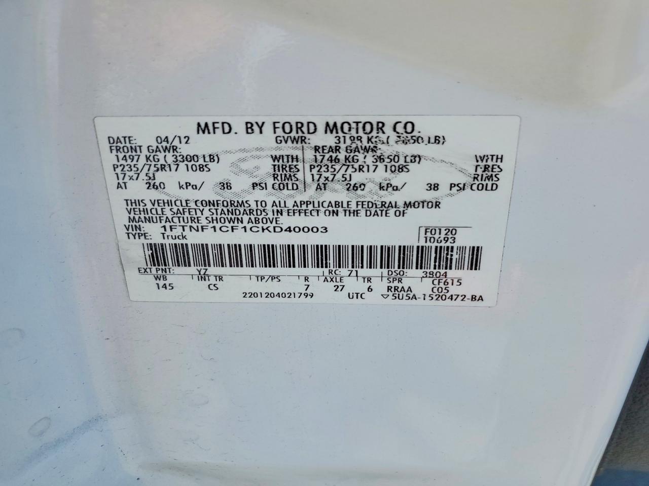 2012 Ford F150 White vin: 1FTNF1CF1CKD40003