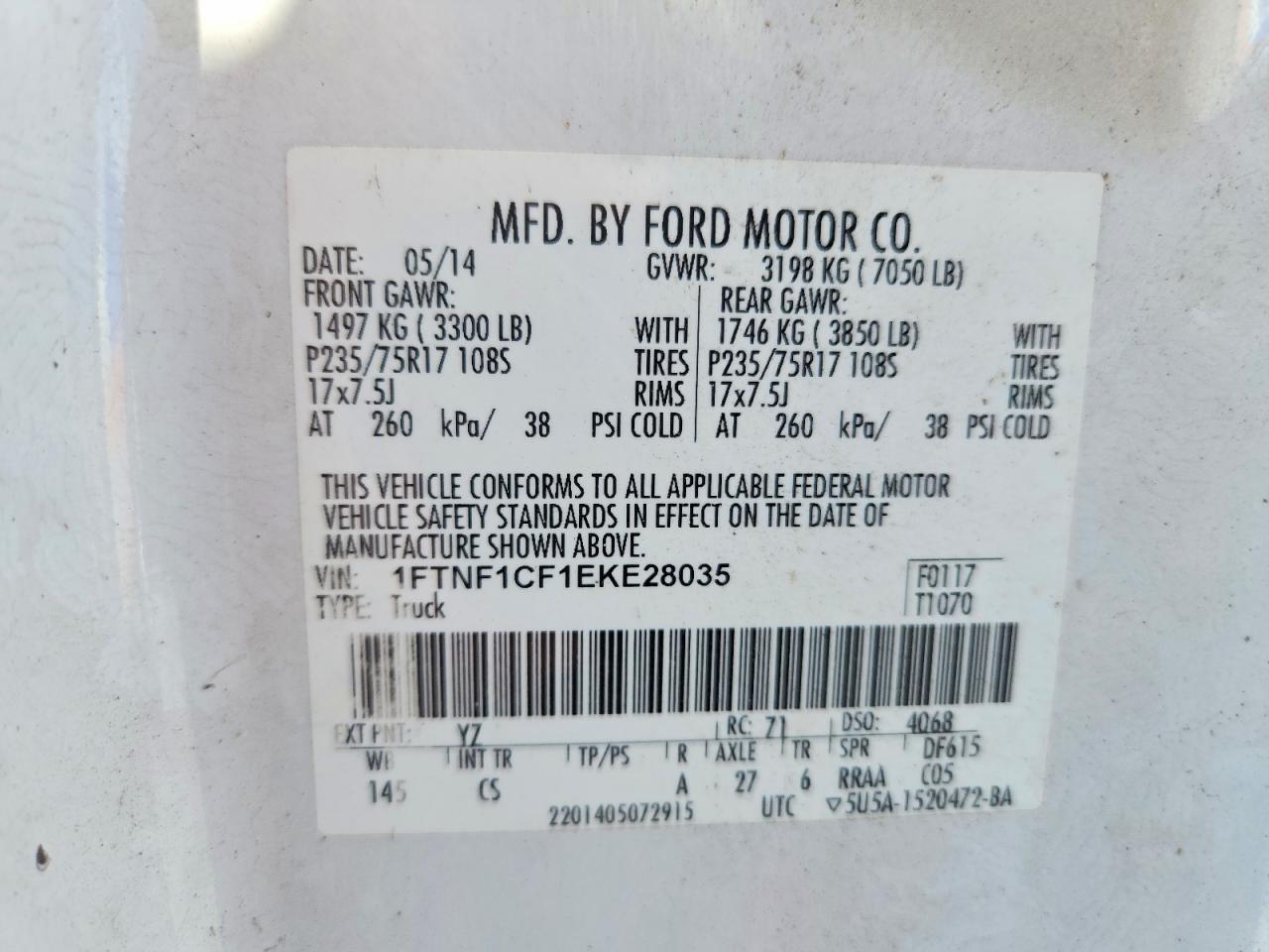 2014 Ford F150 White vin: 1FTNF1CF1EKE28035