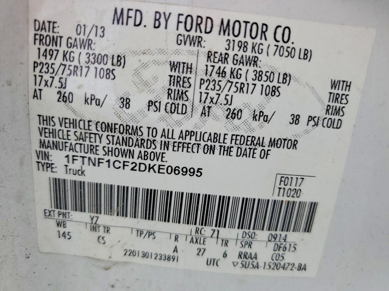 2013 Ford F150 White vin: 1FTNF1CF2DKE06995