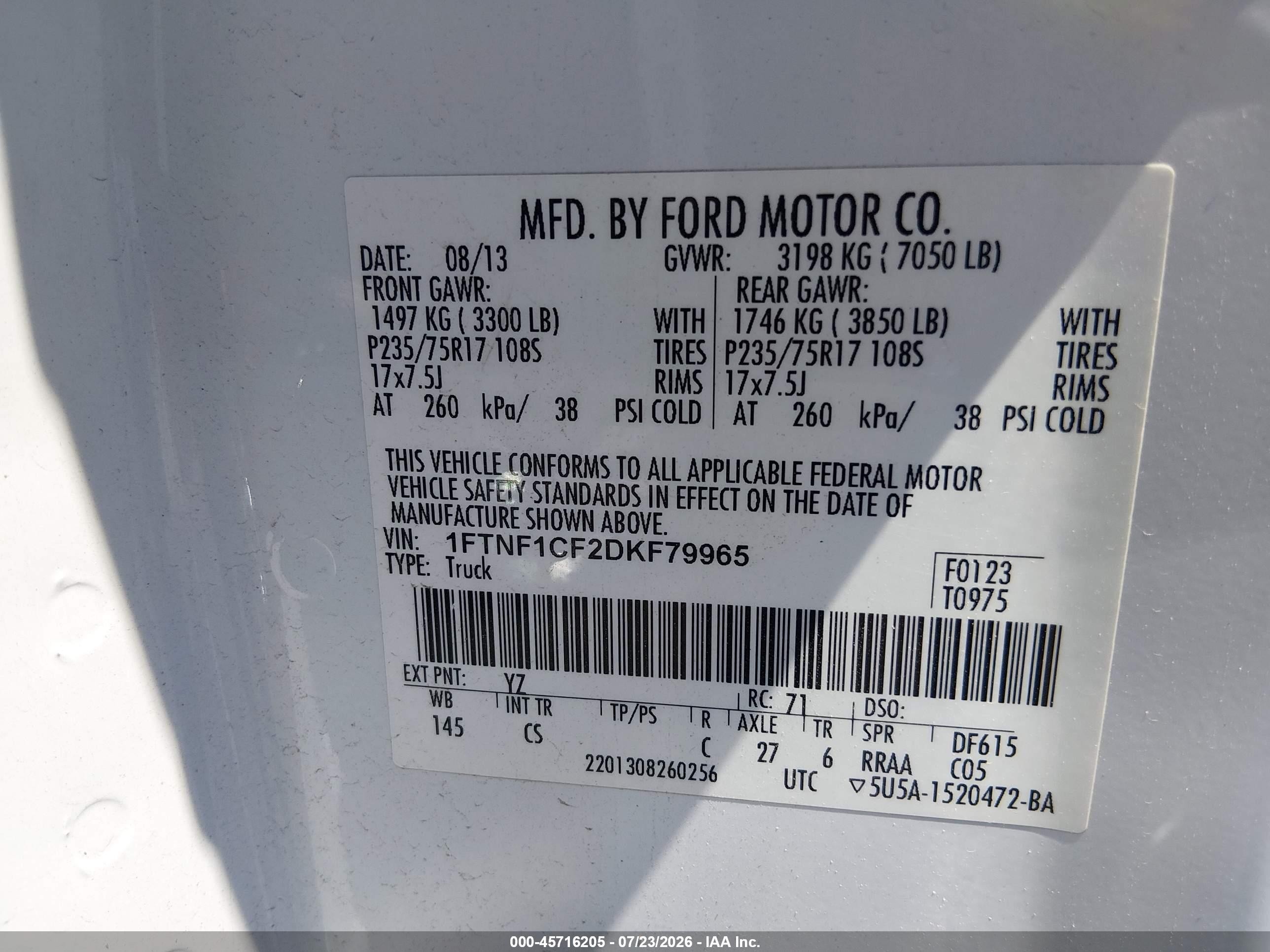 2013 Ford F-150 Xl White vin: 1FTNF1CF2DKF79965