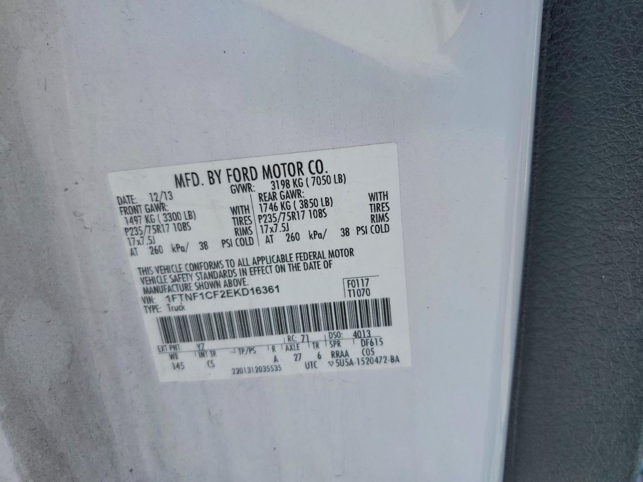 2014 Ford F150 White vin: 1FTNF1CF2EKD16361
