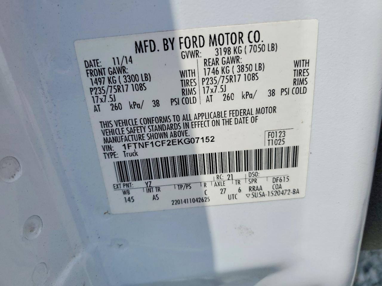 2014 Ford F150 White vin: 1FTNF1CF2EKG07152