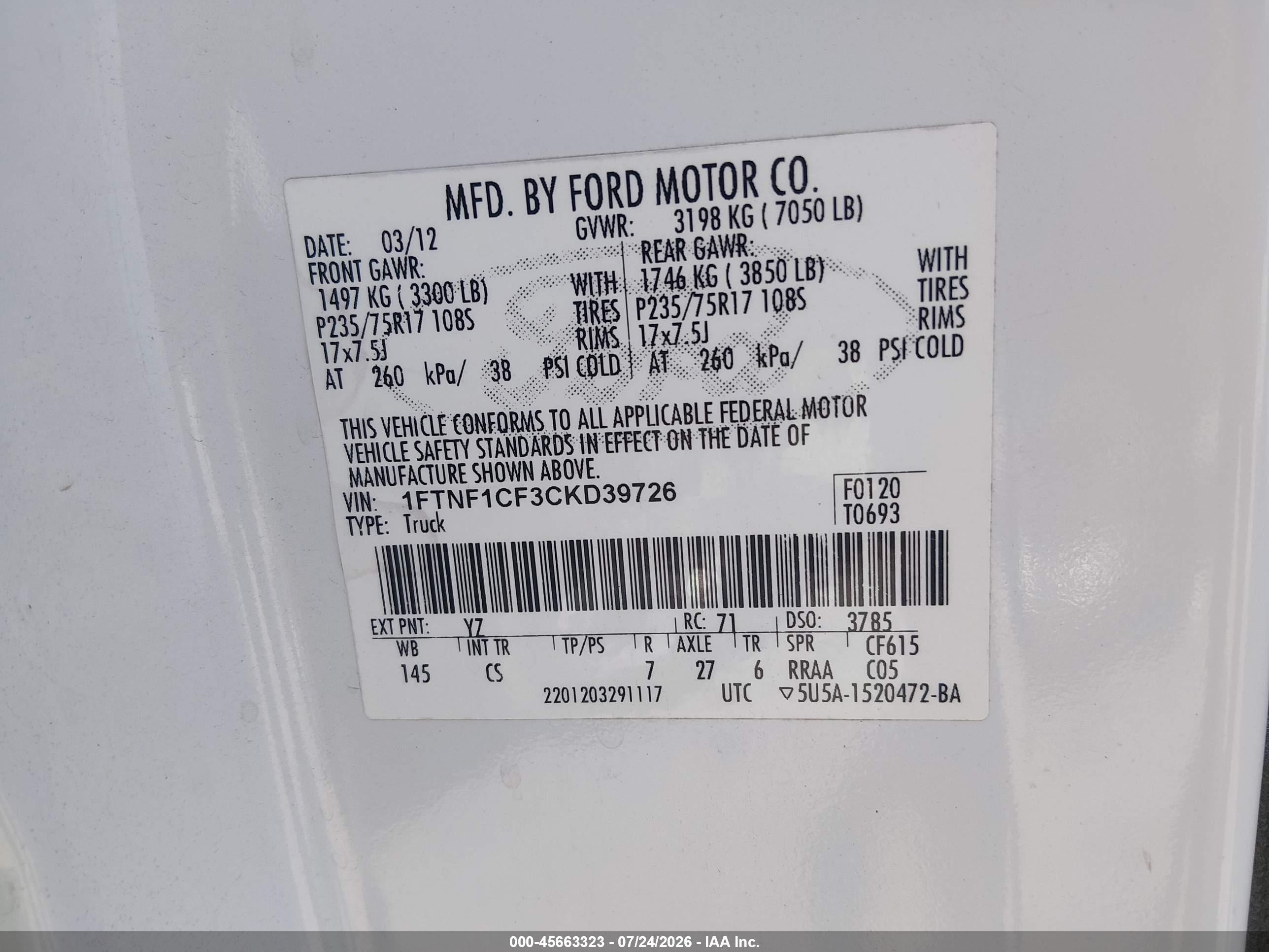 2012 Ford F-150 Xl White vin: 1FTNF1CF3CKD39726