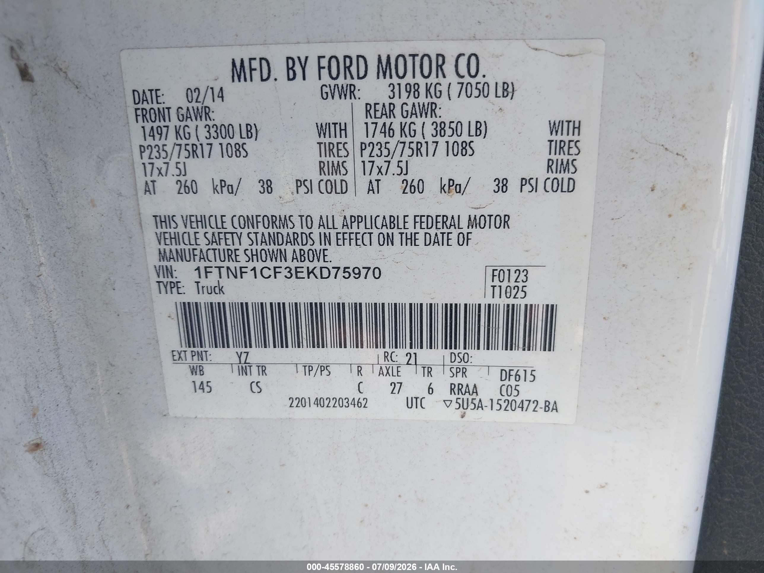 2014 Ford F-150 Xl White vin: 1FTNF1CF3EKD75970