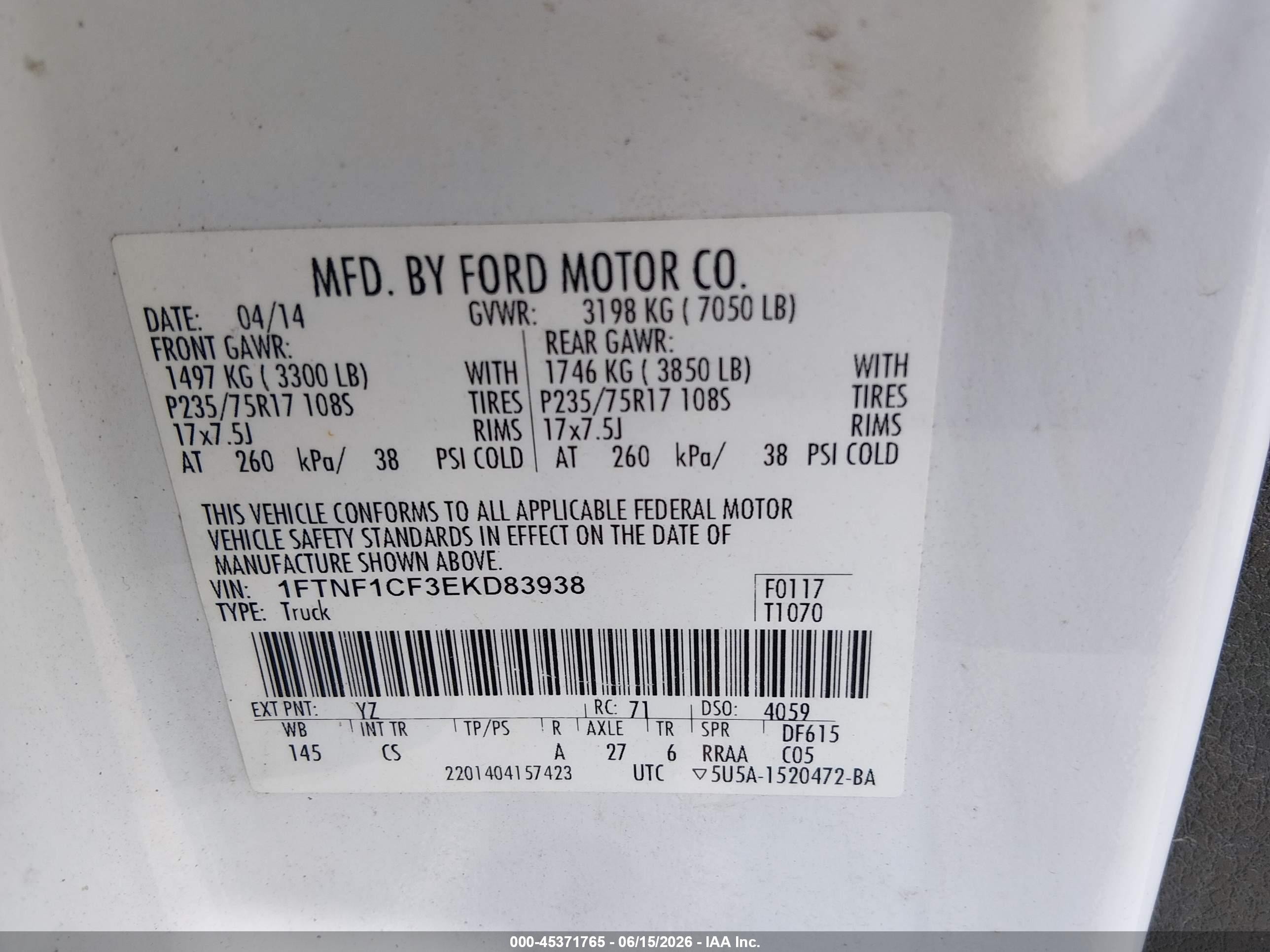 2014 Ford F-150 Xl White vin: 1FTNF1CF3EKD83938