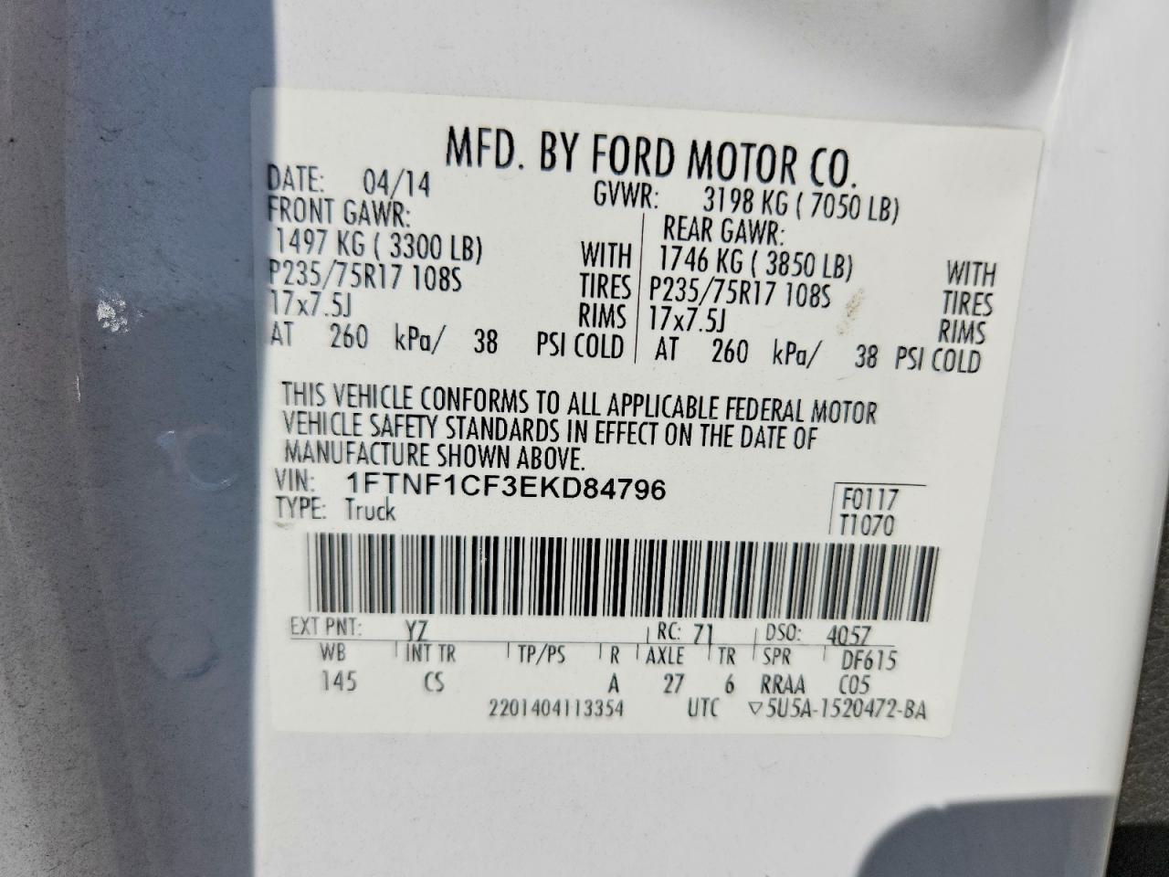 2014 Ford F150 White vin: 1FTNF1CF3EKD84796