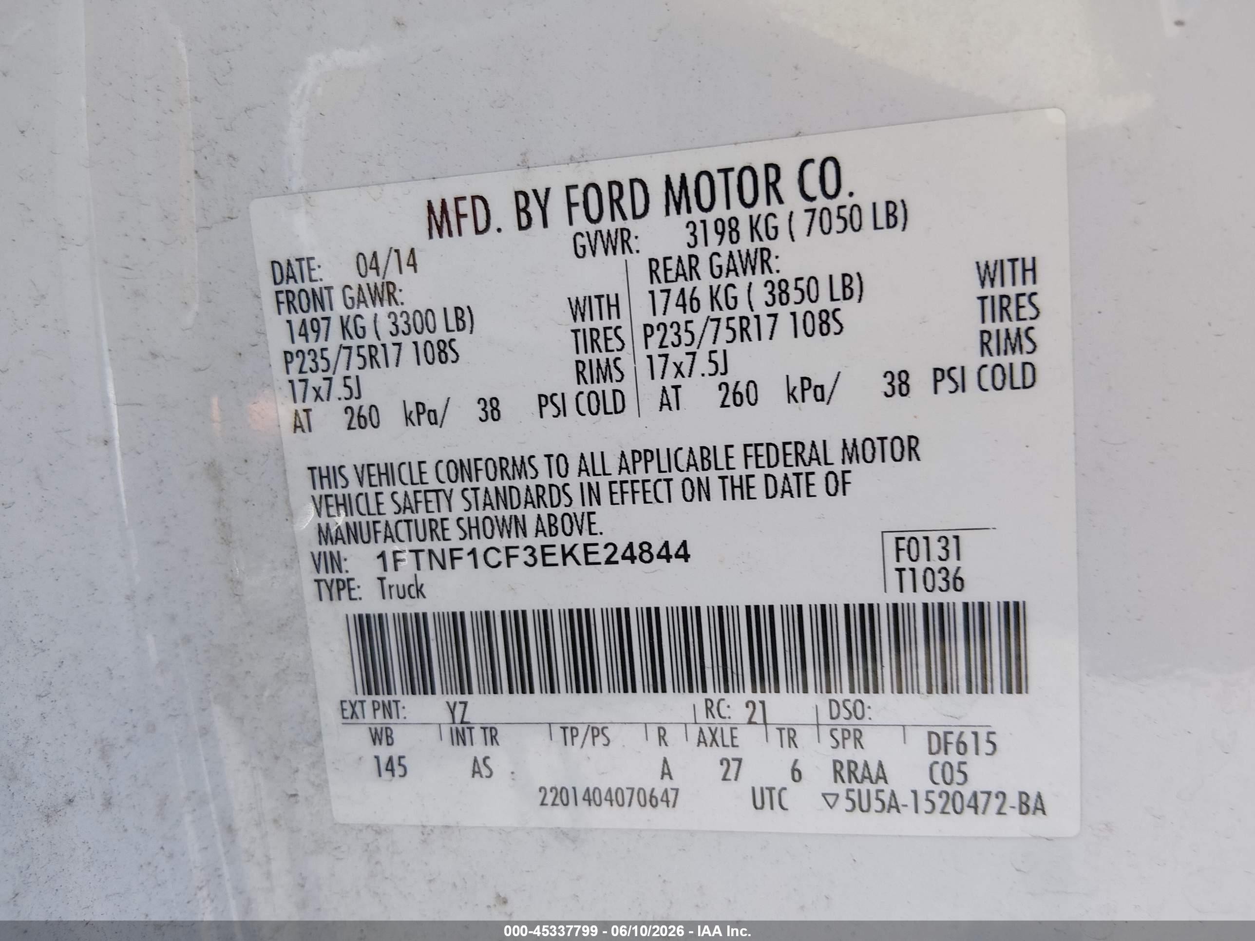 2014 Ford F-150 Xl White vin: 1FTNF1CF3EKE24844