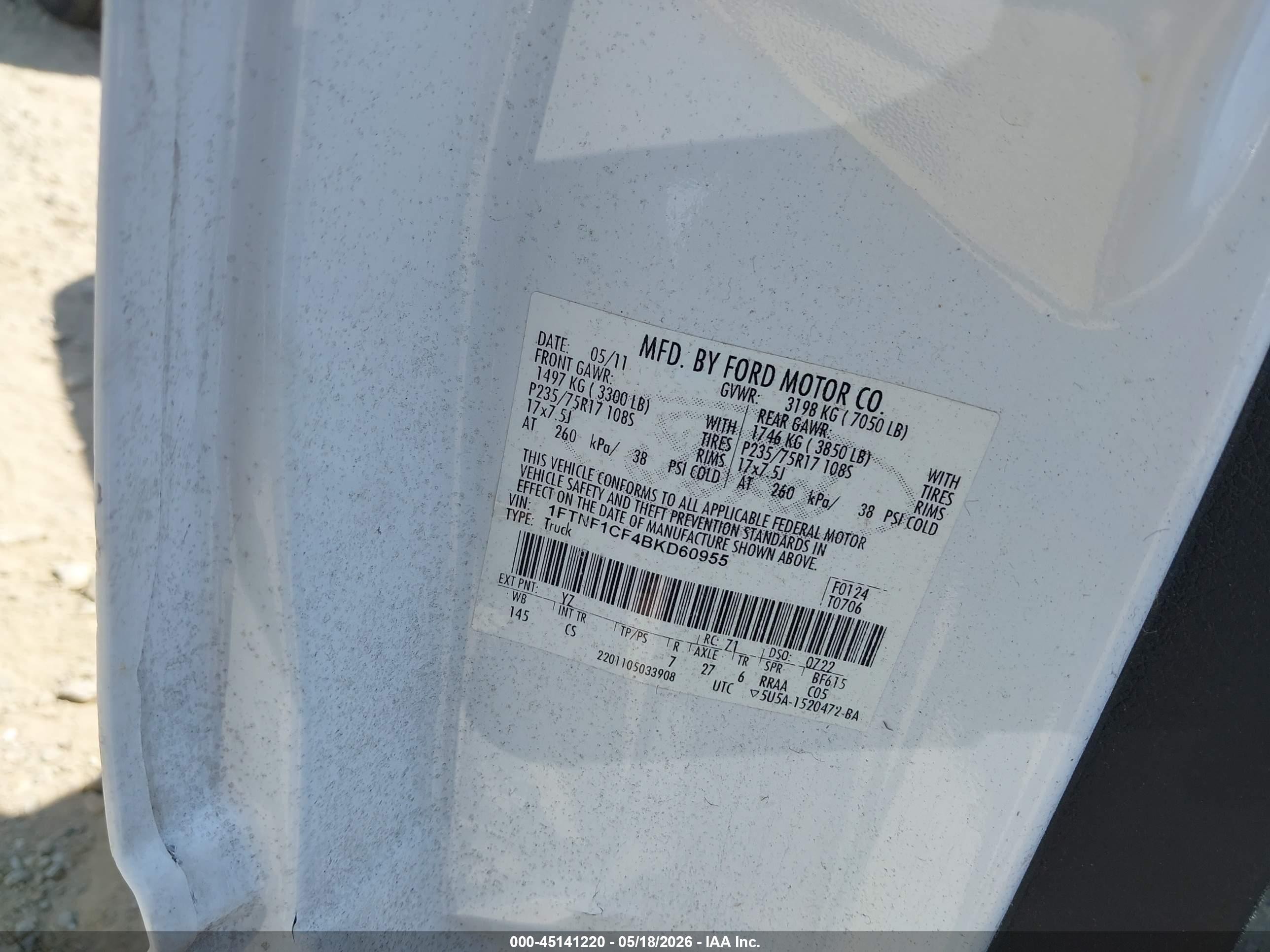 2011 Ford F-150 Xl White vin: 1FTNF1CF4BKD60955