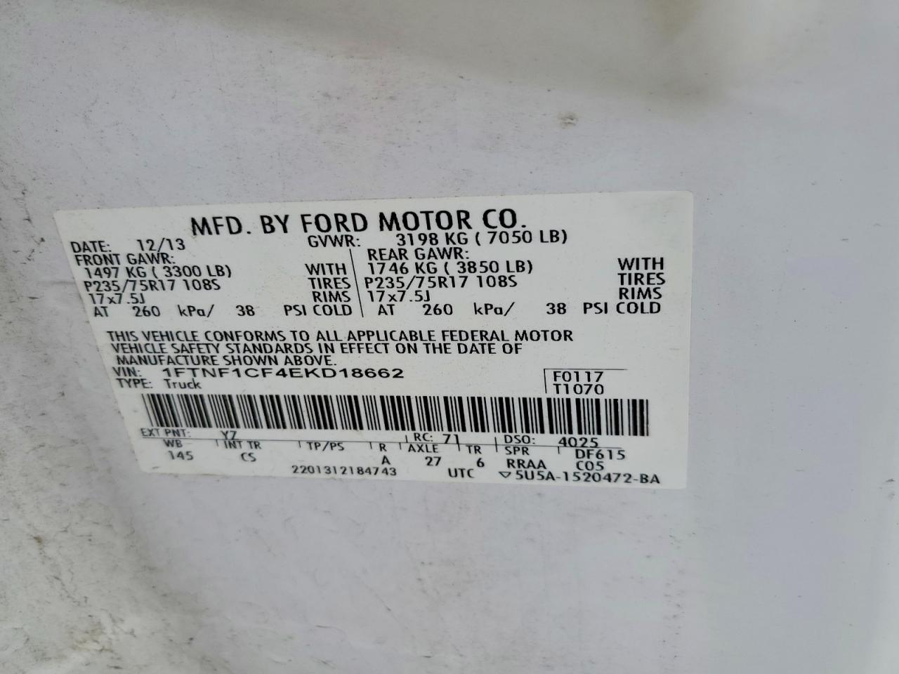 2014 Ford F150 2wd White vin: 1FTNF1CF4EKD18662