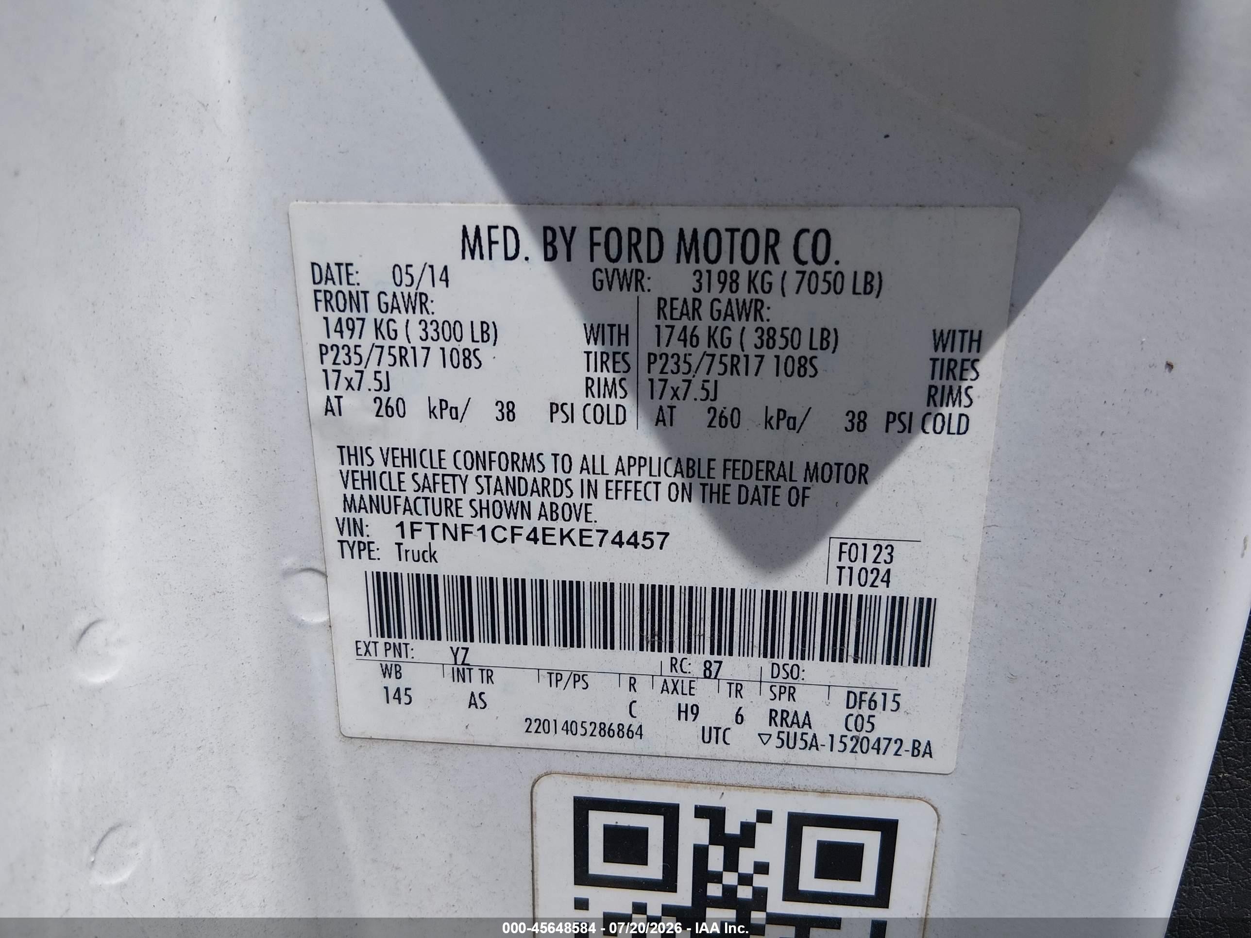 2014 Ford F-150 Xl White vin: 1FTNF1CF4EKE74457