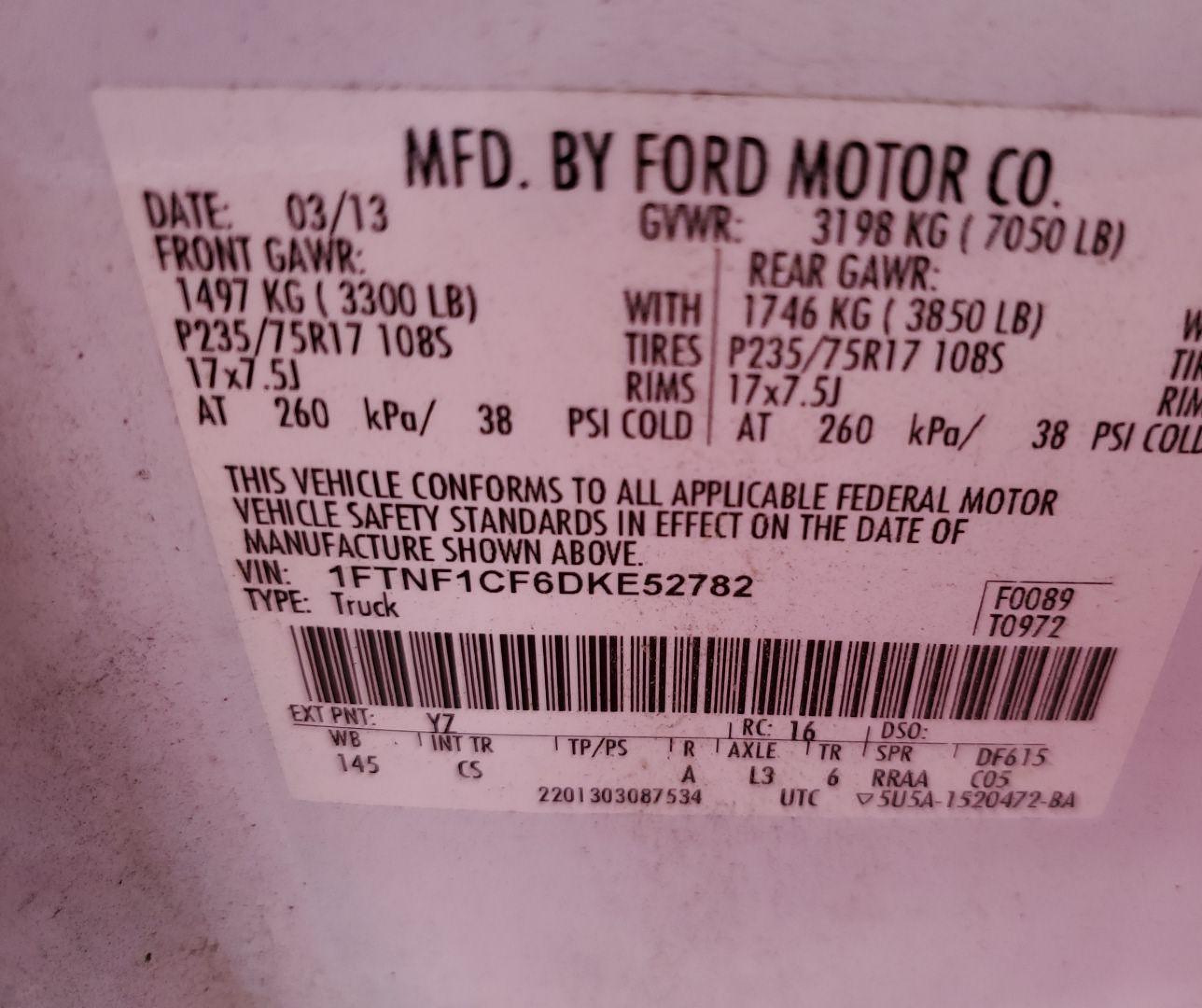 2013 Ford F-150 Xl vin: 1FTNF1CF6DKE52782