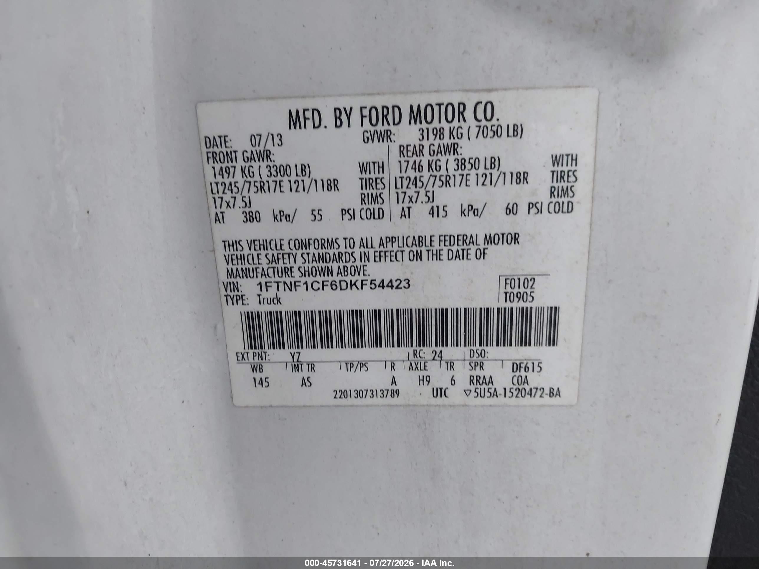 2013 Ford F-150 Xl White vin: 1FTNF1CF6DKF54423