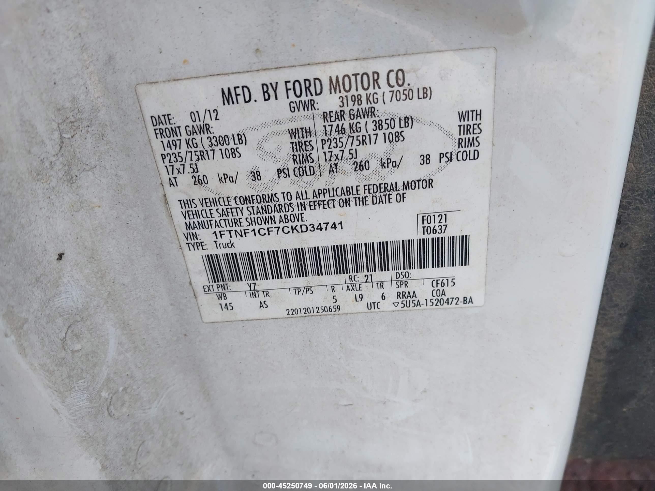 2012 Ford F-150 Xl White vin: 1FTNF1CF7CKD34741