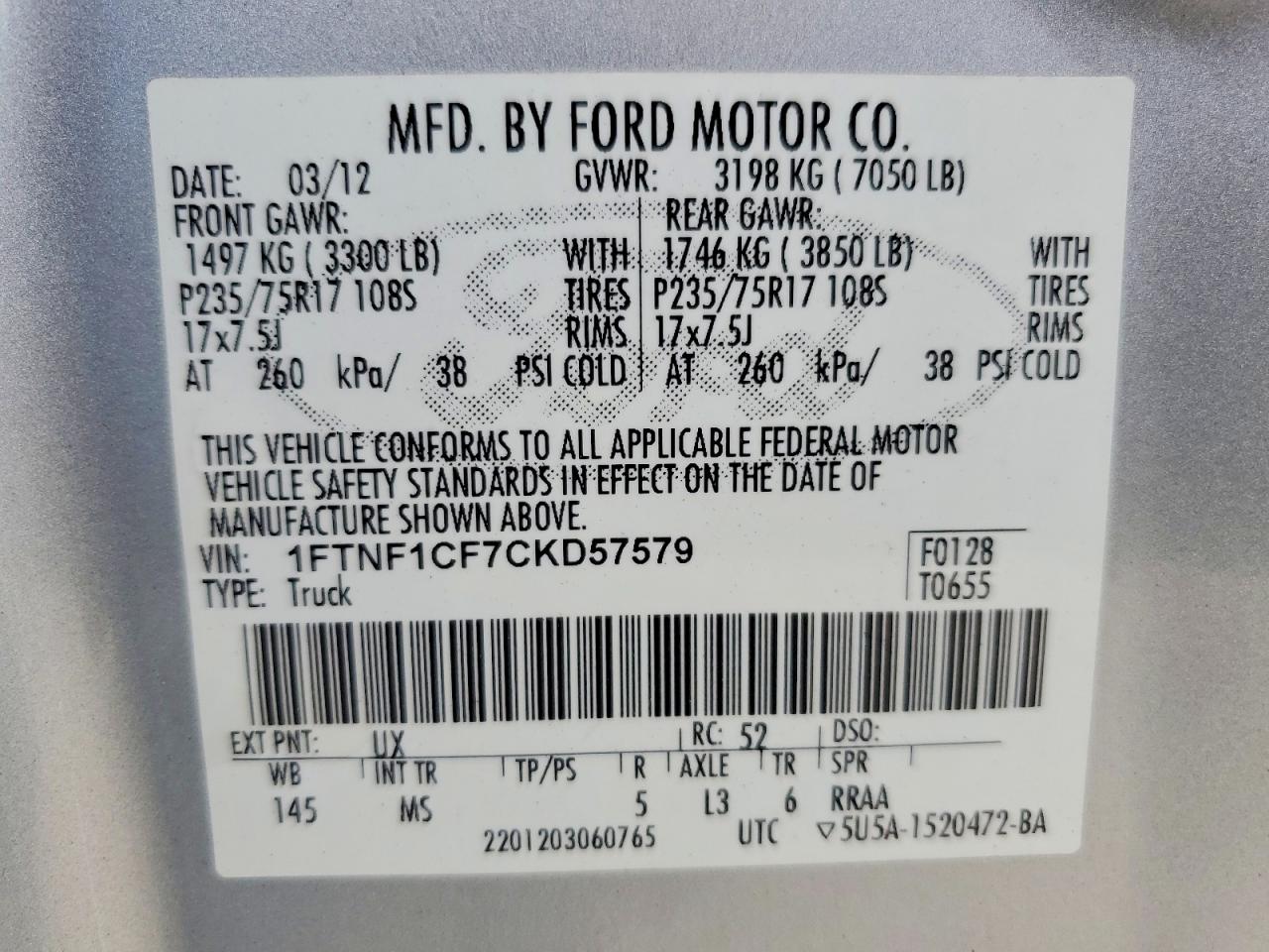 2012 Ford F150 Silver vin: 1FTNF1CF7CKD57579