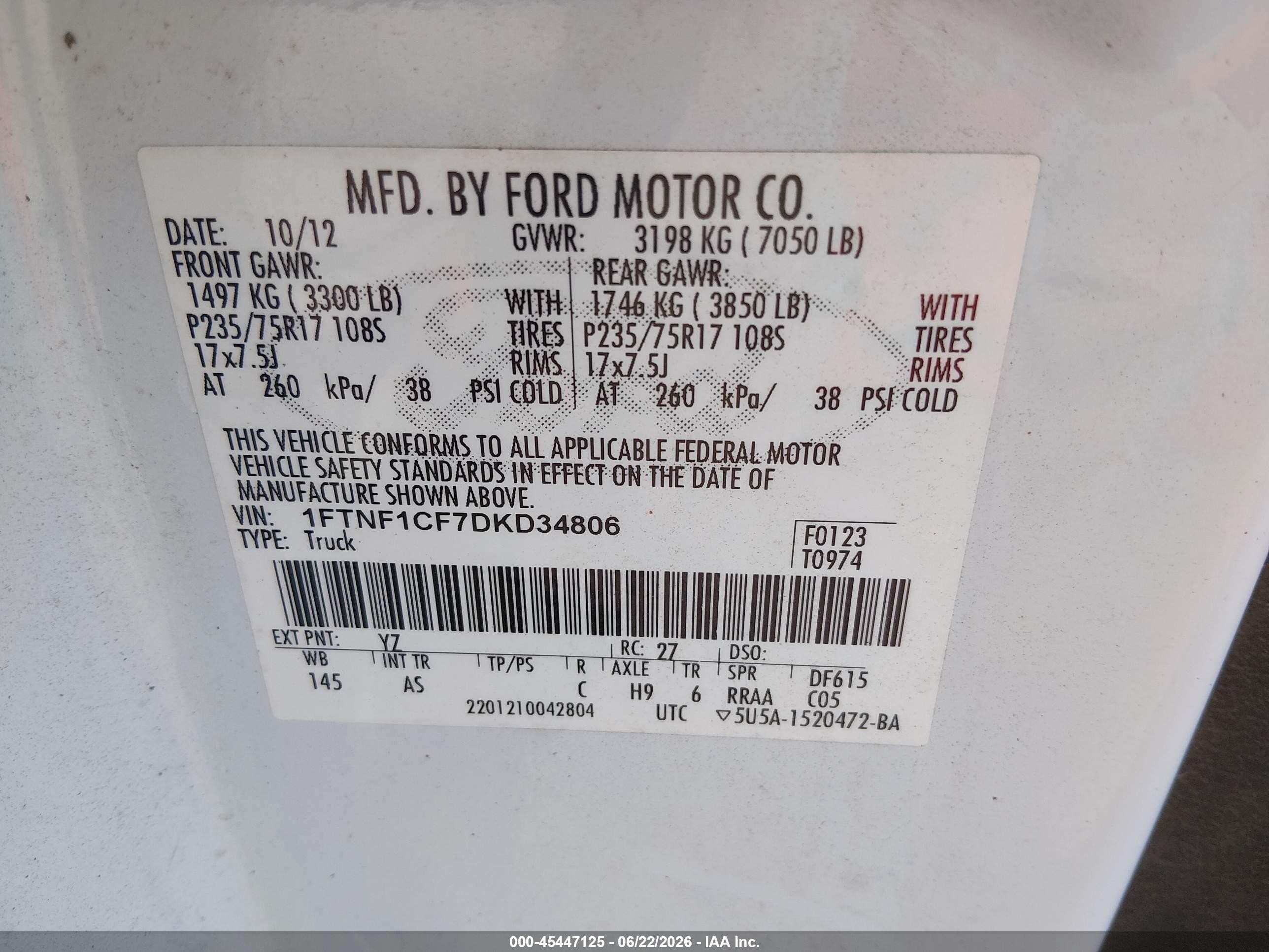 2013 Ford F-150 Xl/xlt White vin: 1FTNF1CF7DKD34806