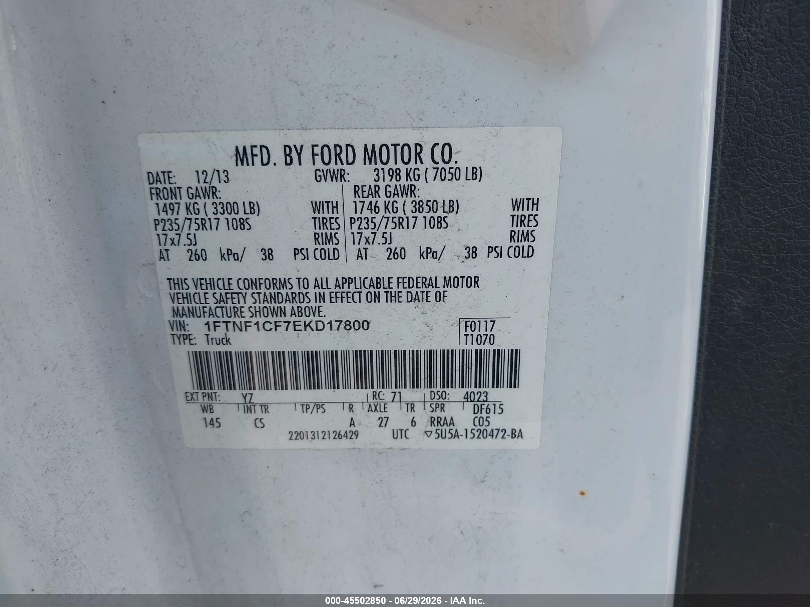 2014 Ford F-150 Stx/xl/xlt White vin: 1FTNF1CF7EKD17800