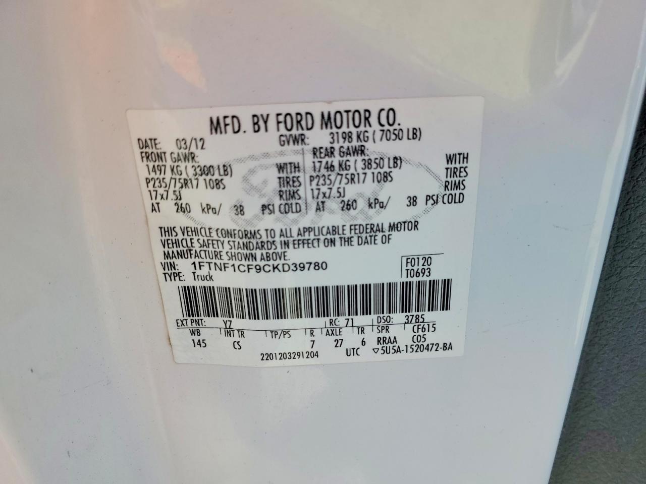 2012 Ford F150 White vin: 1FTNF1CF9CKD39780