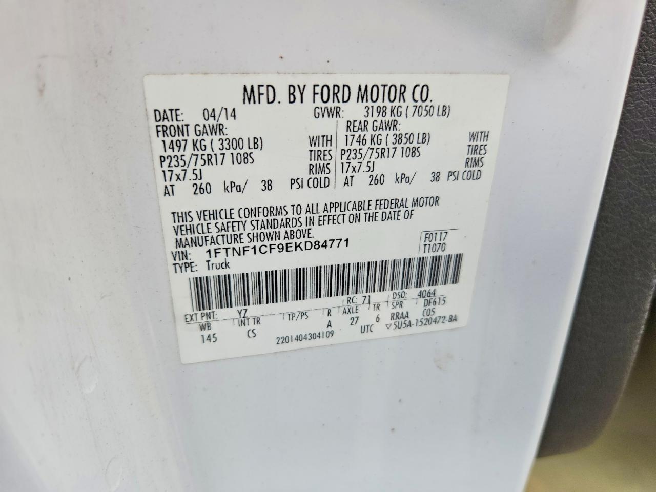 2014 Ford F150 White vin: 1FTNF1CF9EKD84771