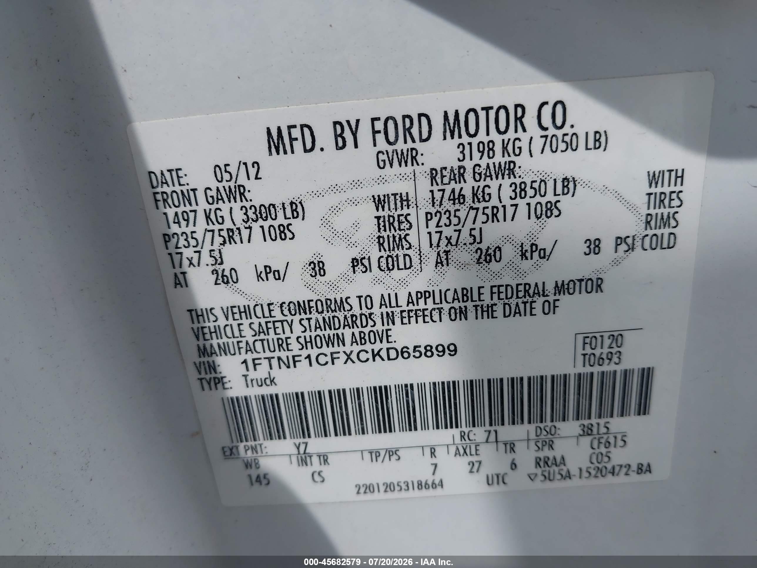 2012 Ford F-150 Xl White vin: 1FTNF1CFXCKD65899
