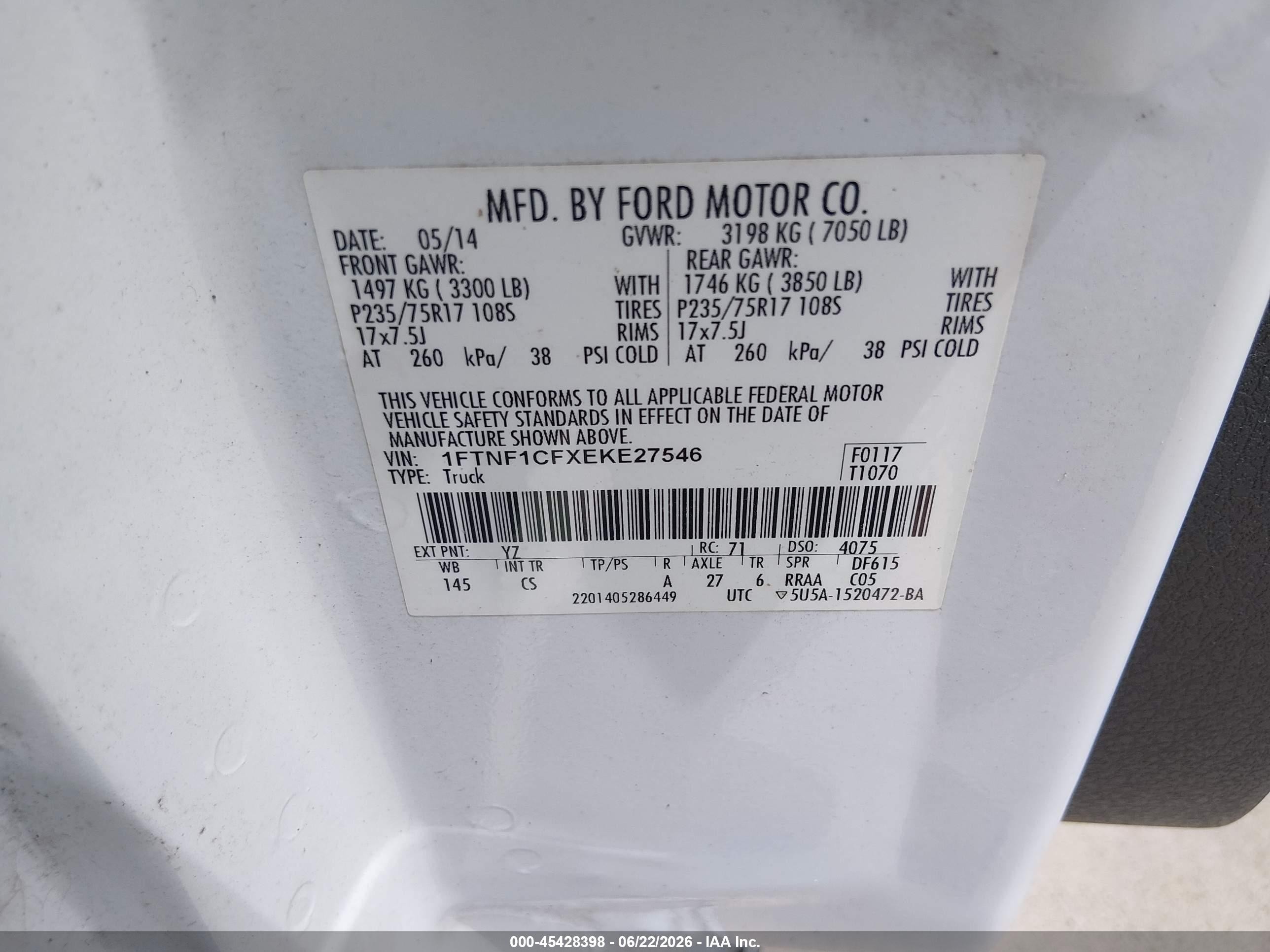 2014 Ford F-150 Stx/xl/xlt White vin: 1FTNF1CFXEKE27546