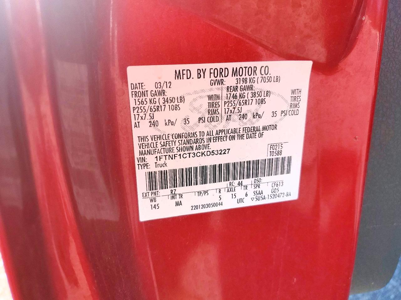 2012 Ford F150 Red vin: 1FTNF1CT3CKD53227