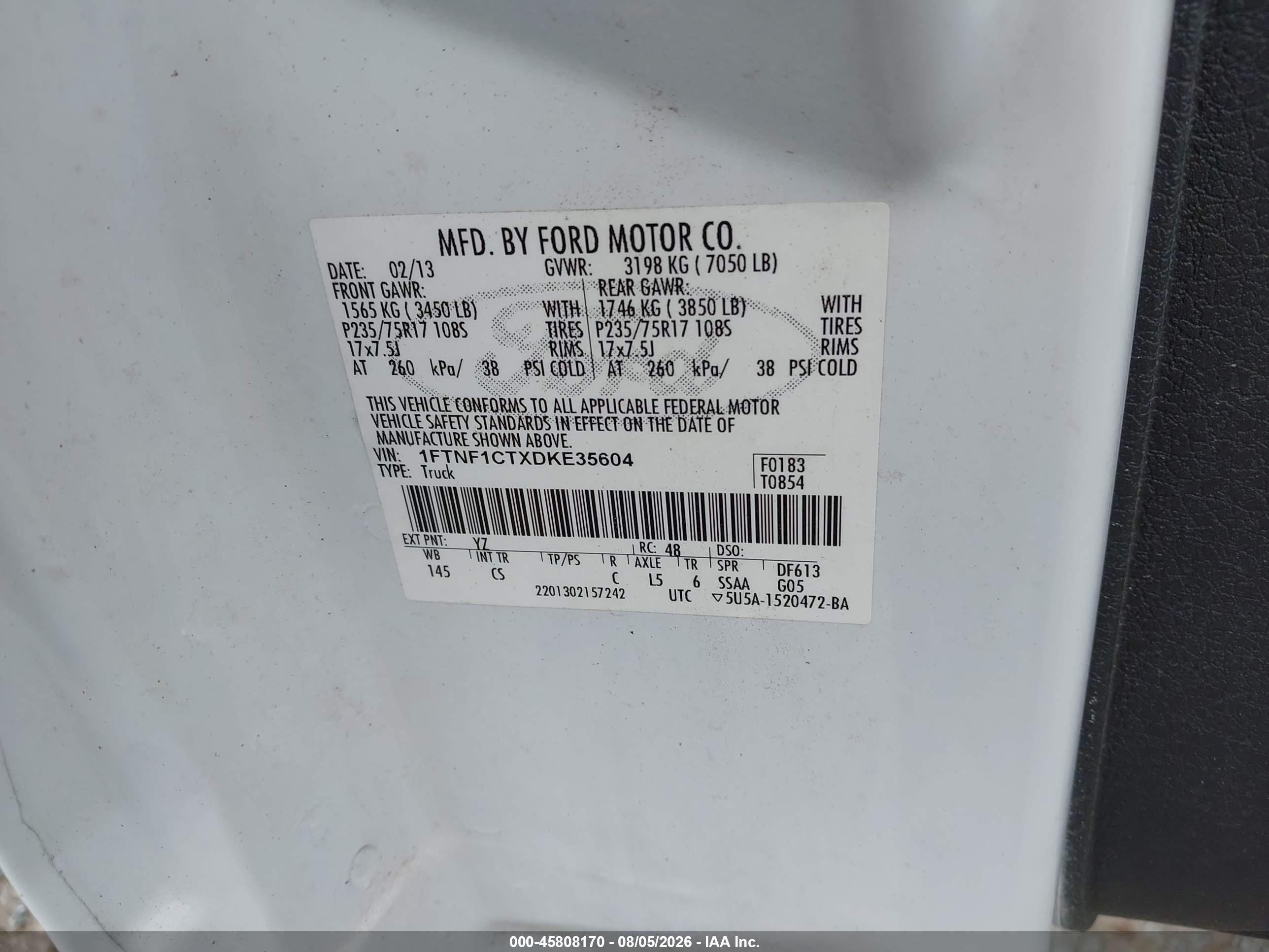 2013 Ford F-150 Xl Белый vin: 1FTNF1CTXDKE35604