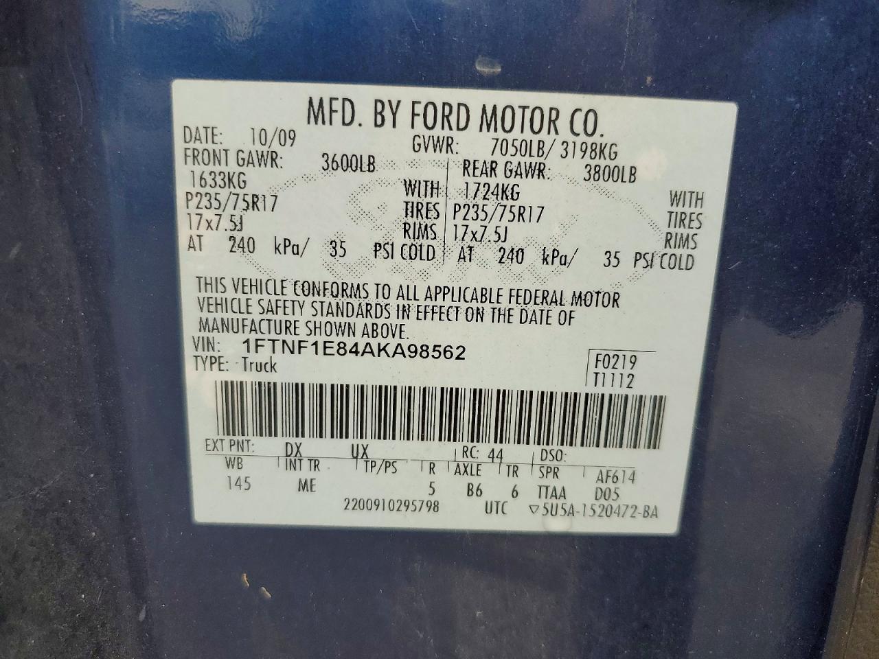 2010 Ford F150 Blue vin: 1FTNF1E84AKA98562