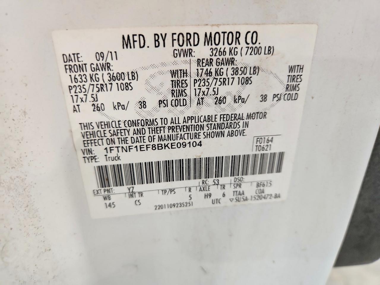 2011 Ford F150 White vin: 1FTNF1EF8BKE09104