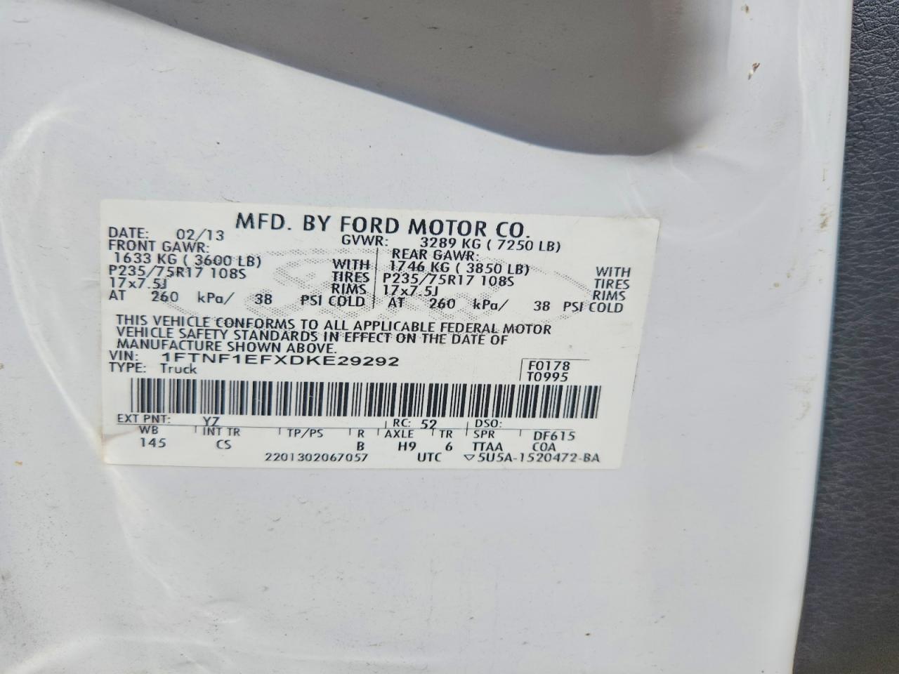 2013 Ford F150 White vin: 1FTNF1EFXDKE29292