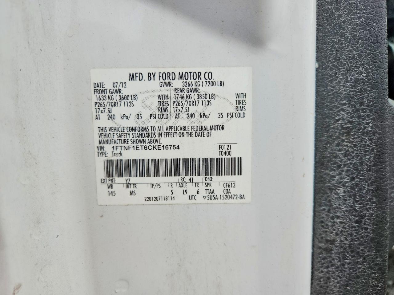 2012 Ford F150 White vin: 1FTNF1ET6CKE16754