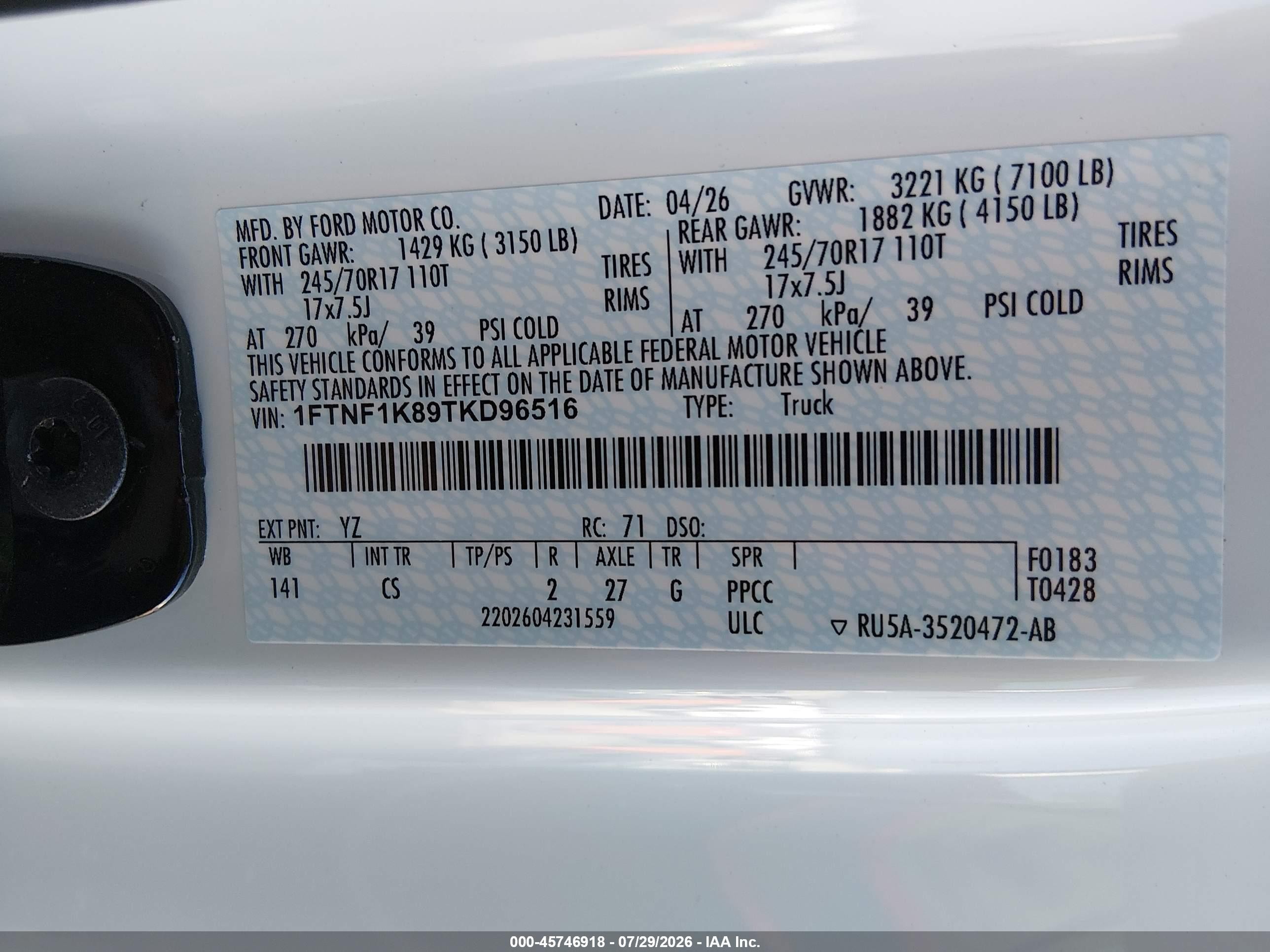 2026 Ford F-150 Xl White vin: 1FTNF1K89TKD96516