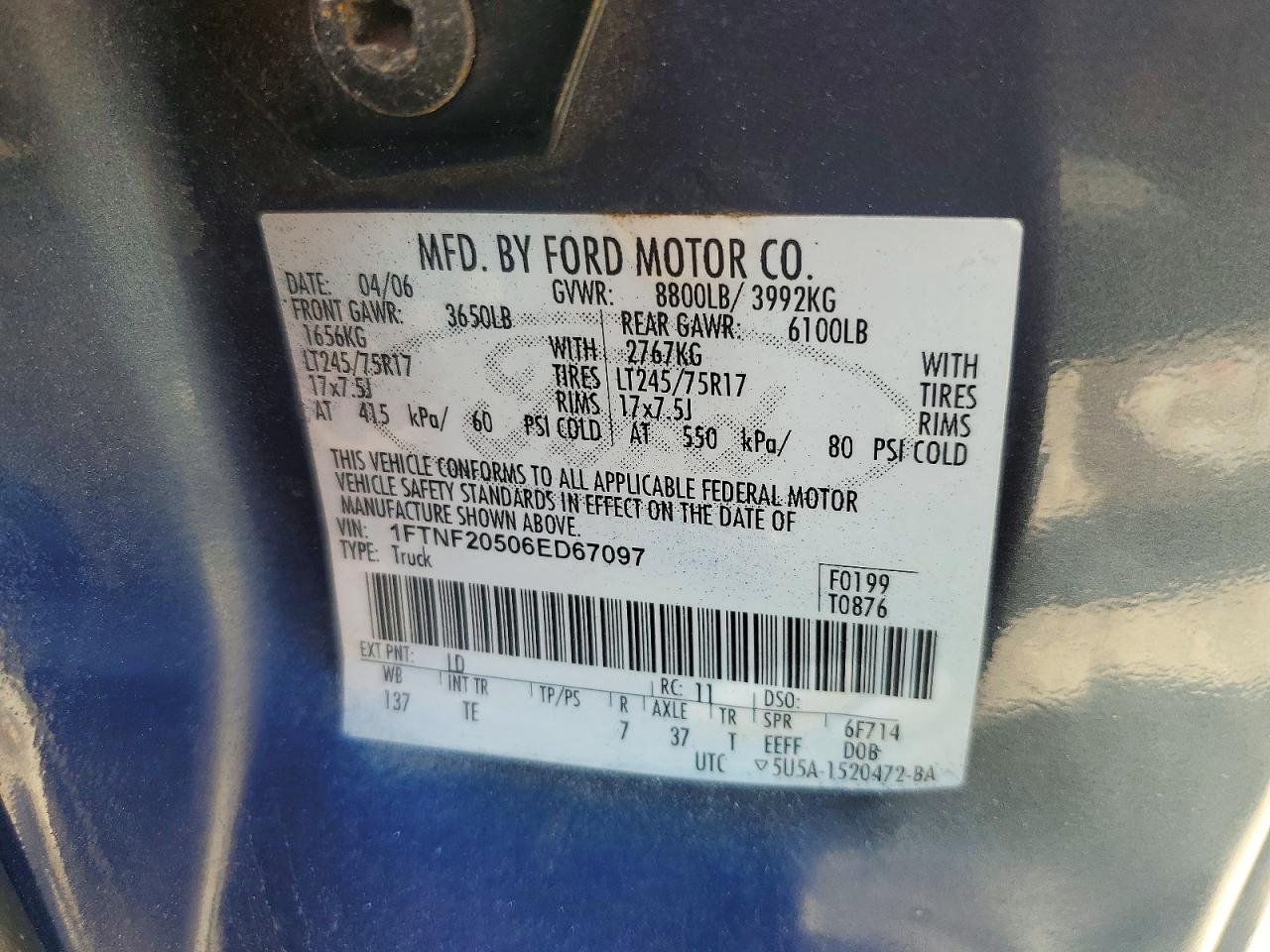 2006 Ford F250 Super Duty Blue vin: 1FTNF20506ED67097