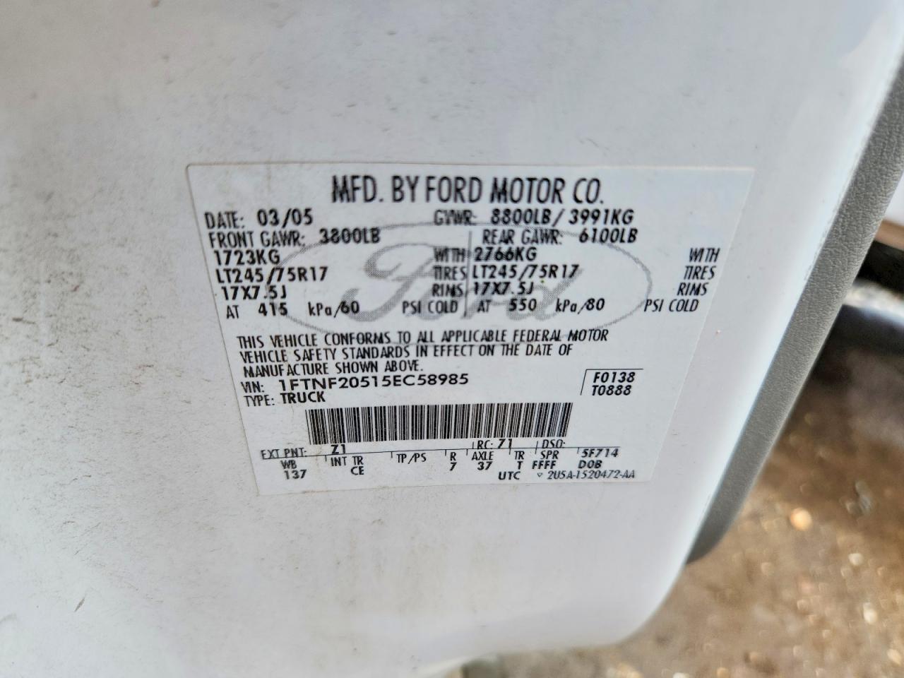 2005 Ford F250 Super Duty White vin: 1FTNF20515EC58985