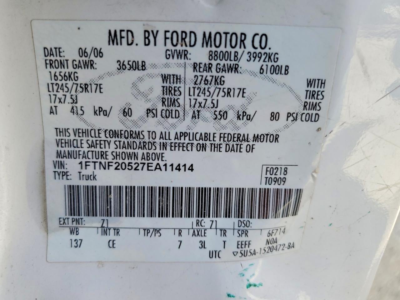 2007 Ford F250 Super Duty White vin: 1FTNF20527EA11414