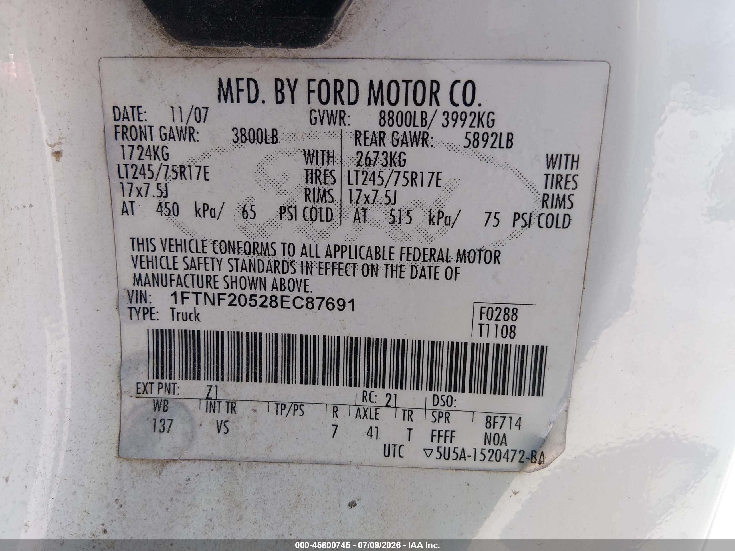 2008 Ford Super Duty F-250 Srw Xl/xlt White vin: 1FTNF20528EC87691