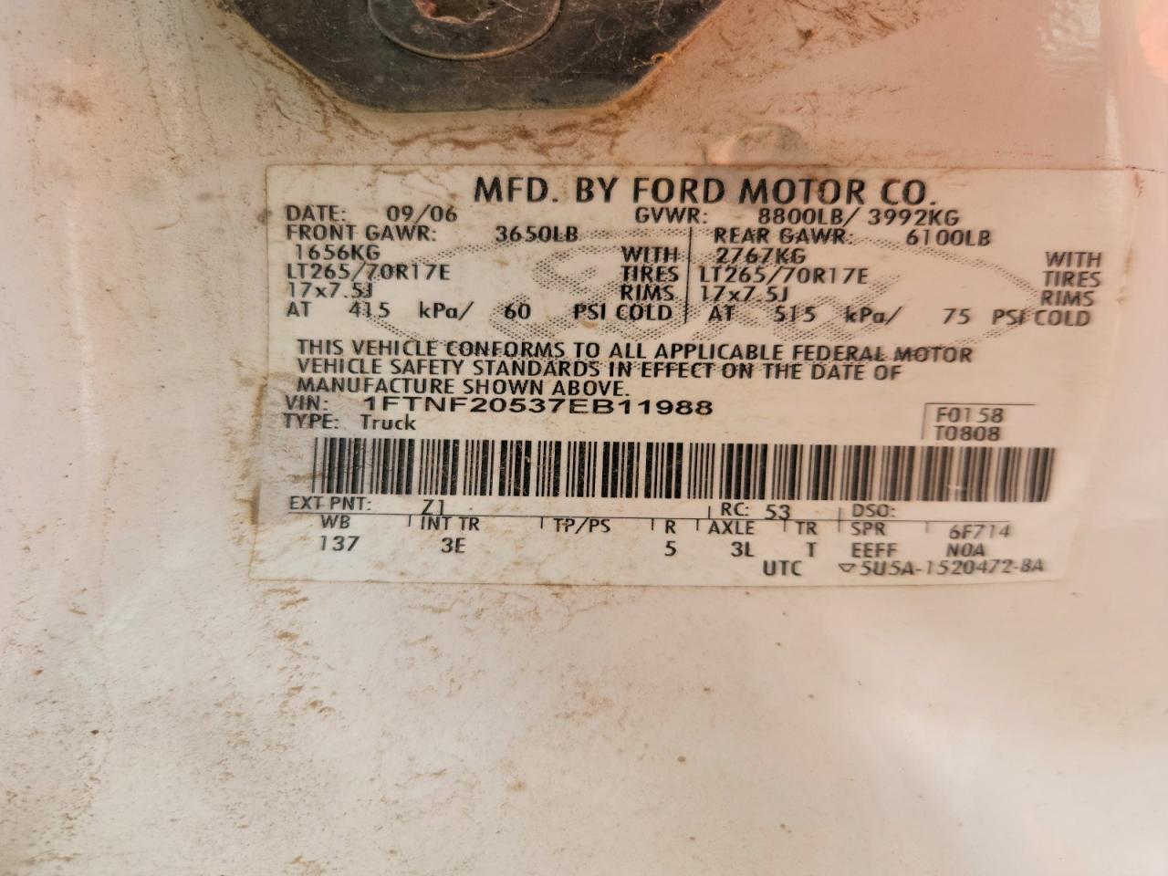 2007 Ford F250 Super Duty White vin: 1FTNF20537EB11988