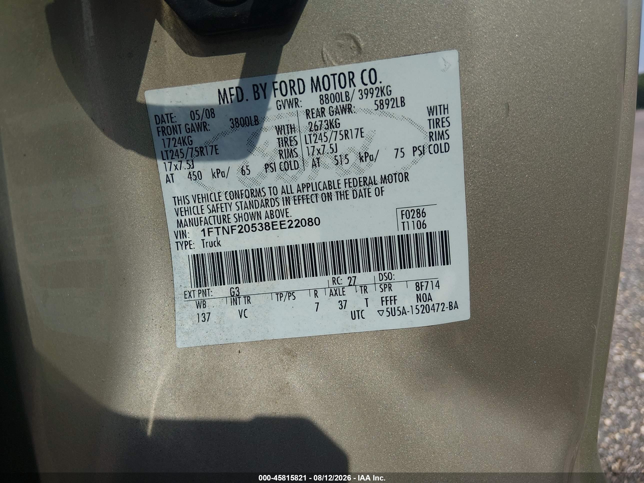 2008 Ford F-250 Xl/xlt Tan vin: 1FTNF20538EE22080