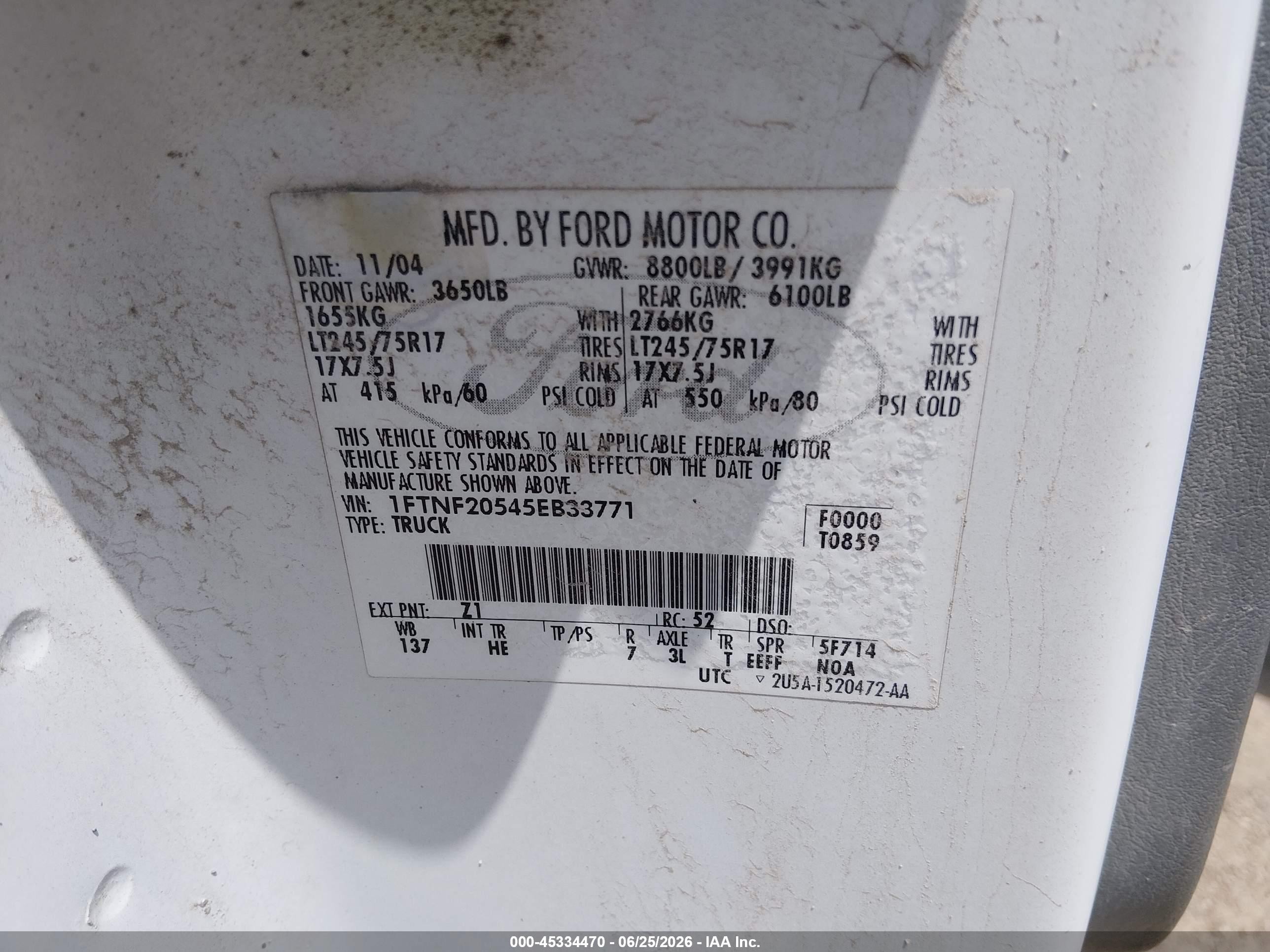 2005 Ford F-250 Xl/xlt White vin: 1FTNF20545EB33771