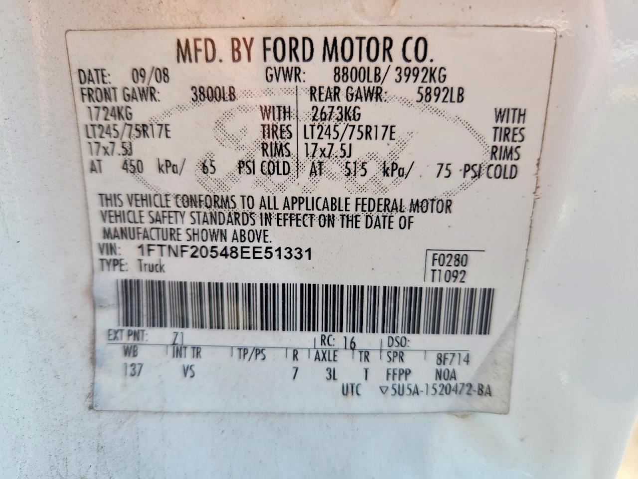2008 Ford F250 Super Duty White vin: 1FTNF20548EE51331