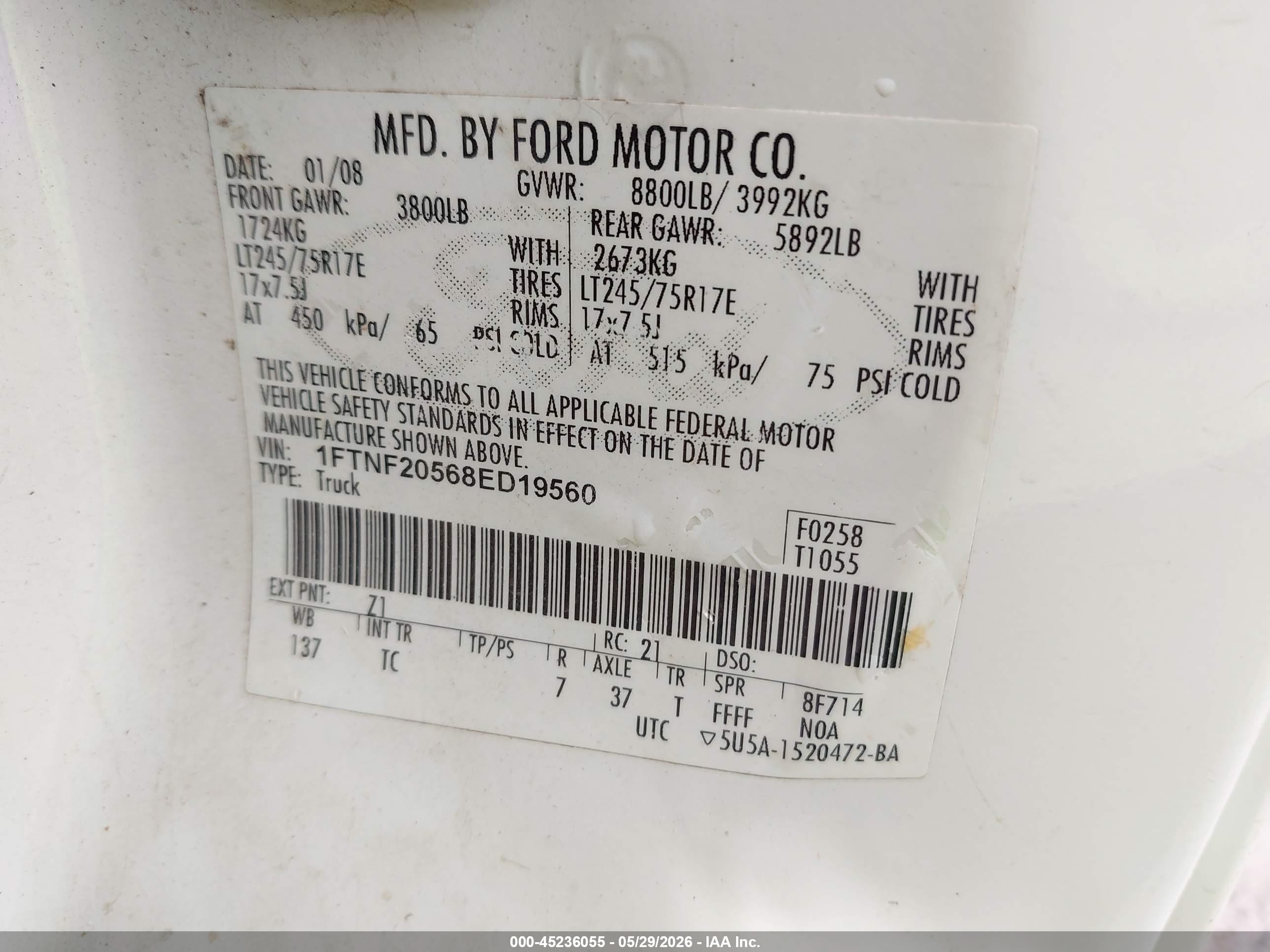 2008 Ford F-250 Xl/xlt White vin: 1FTNF20568ED19560